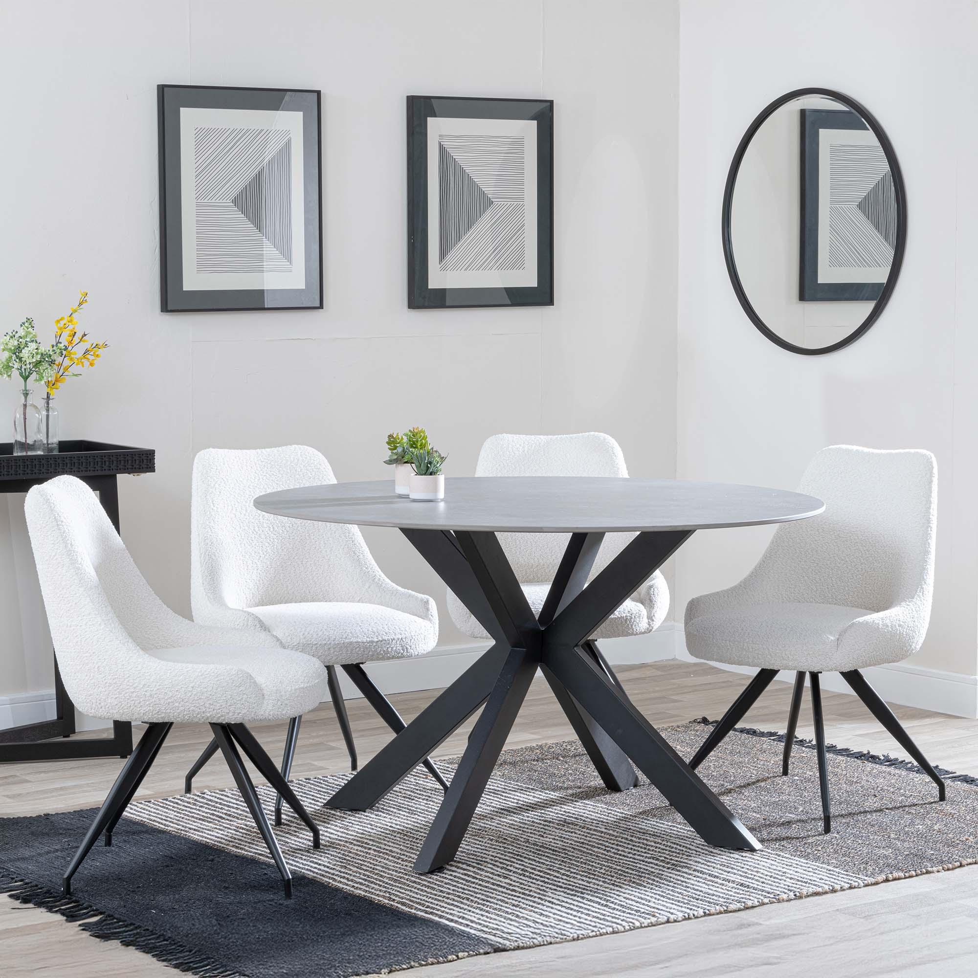 Novara Grey Ceramic 4 Seater Round Dining Set - 4 Arctic Cream Velvet Fabric Swivel Dining Chair