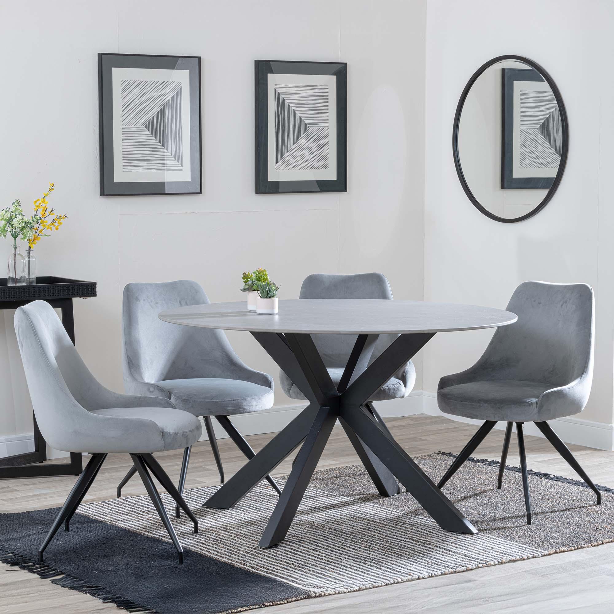 Novara Grey Ceramic 4 Seater Round Dining Set - 4 Arctic Grey Velvet Fabric Swivel Dining Chair