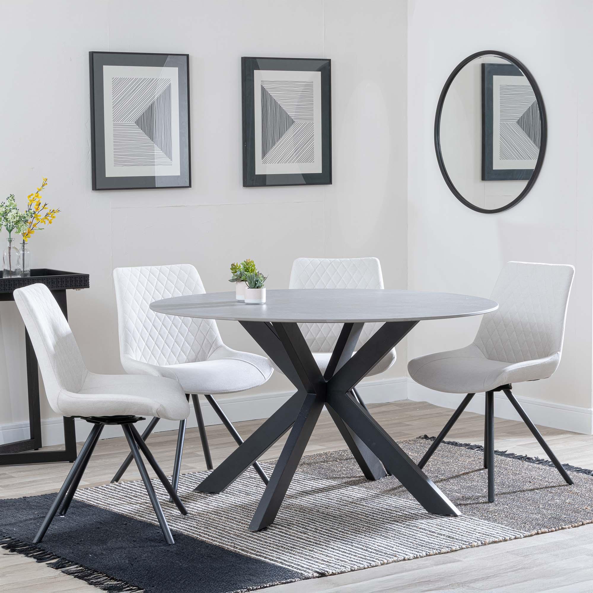 Novara Dining Set - 4 Seater - 130cm - Round - Grey Ceramic - 4x Boden Dining Chairs - Cream Fabric - Swivel