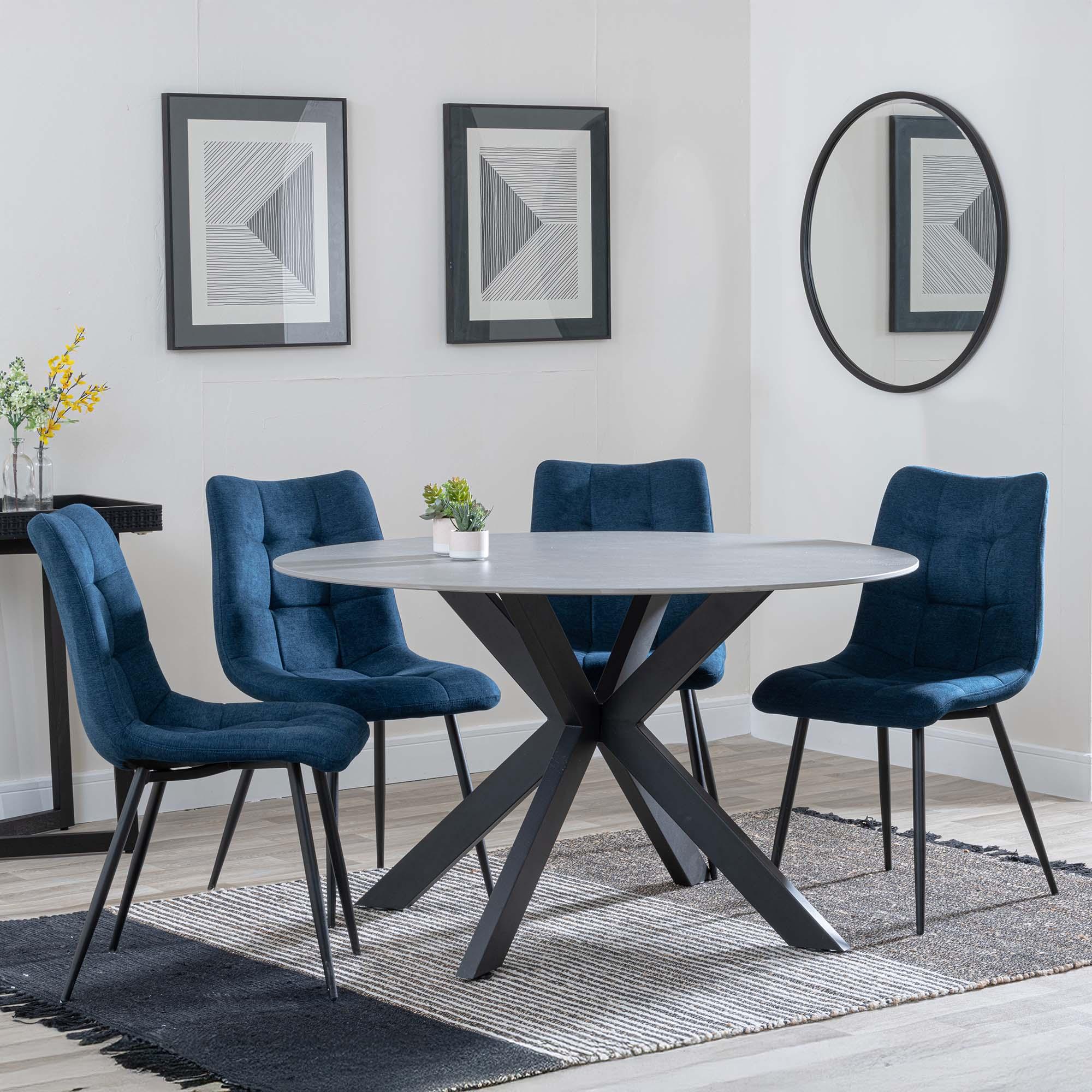 Novara Dining Set - 4 Seater - 130cm - Round - Grey Ceramic - 4x Corona Dining Chairs - Blue Fabric