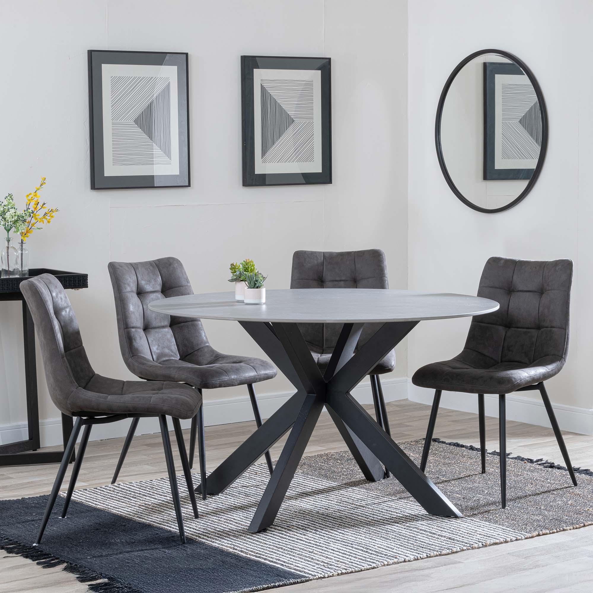 Novara Dining Set - 4 Seater - 130cm - Round - Grey Ceramic - 4x Corona Dining Chairs - Grey Fabric