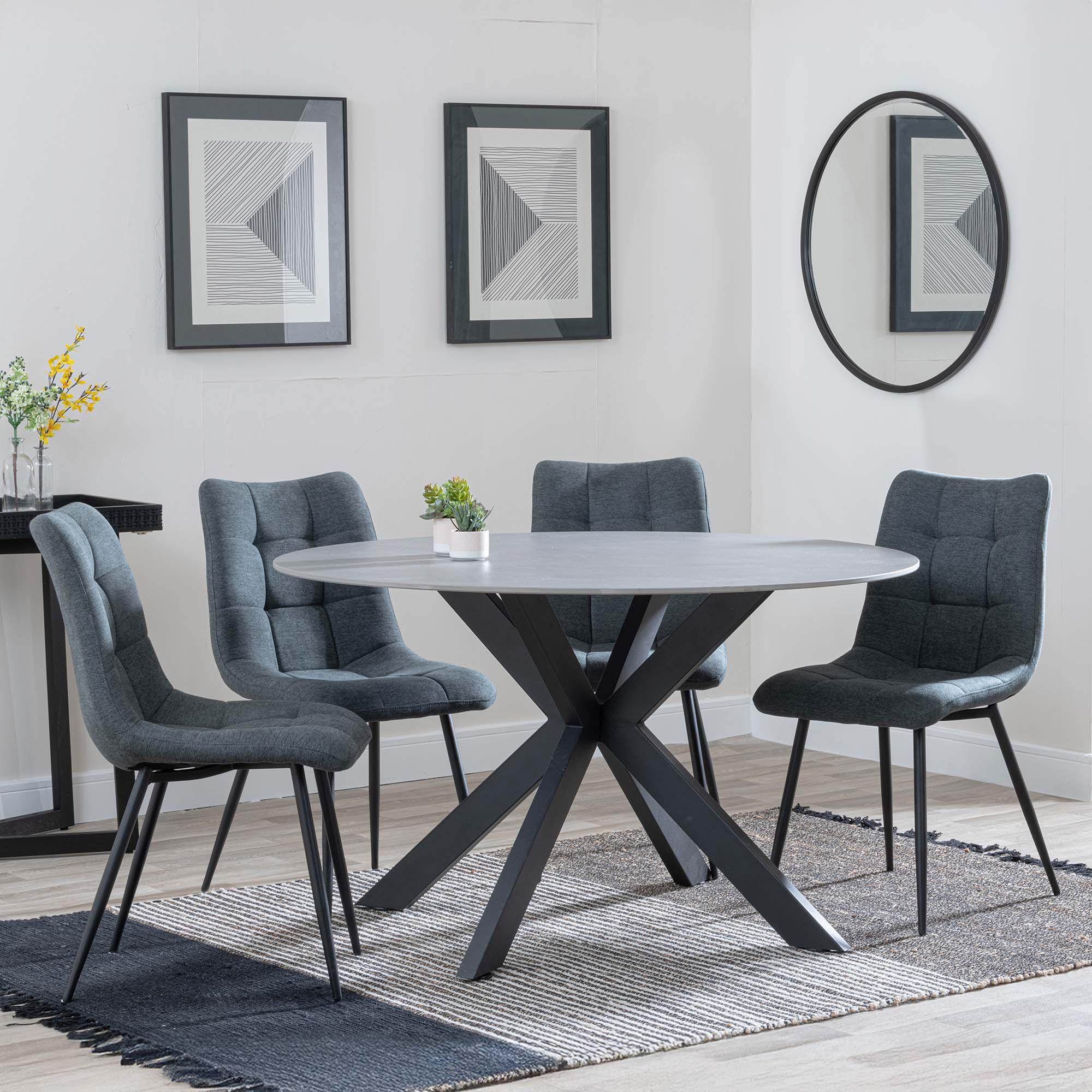 Novara Dining Set - 4 Seater - 130cm - Round - Grey Ceramic - 4x Corona Dining Chairs - Light Grey Fabric