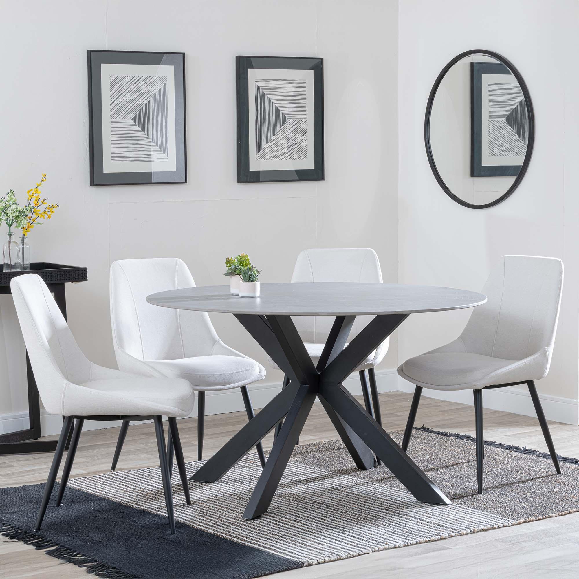 Novara Dining Set - 4 Seater - 130cm - Round - Grey Ceramic - 4x Darwin Dining Chairs - Cream Fabric