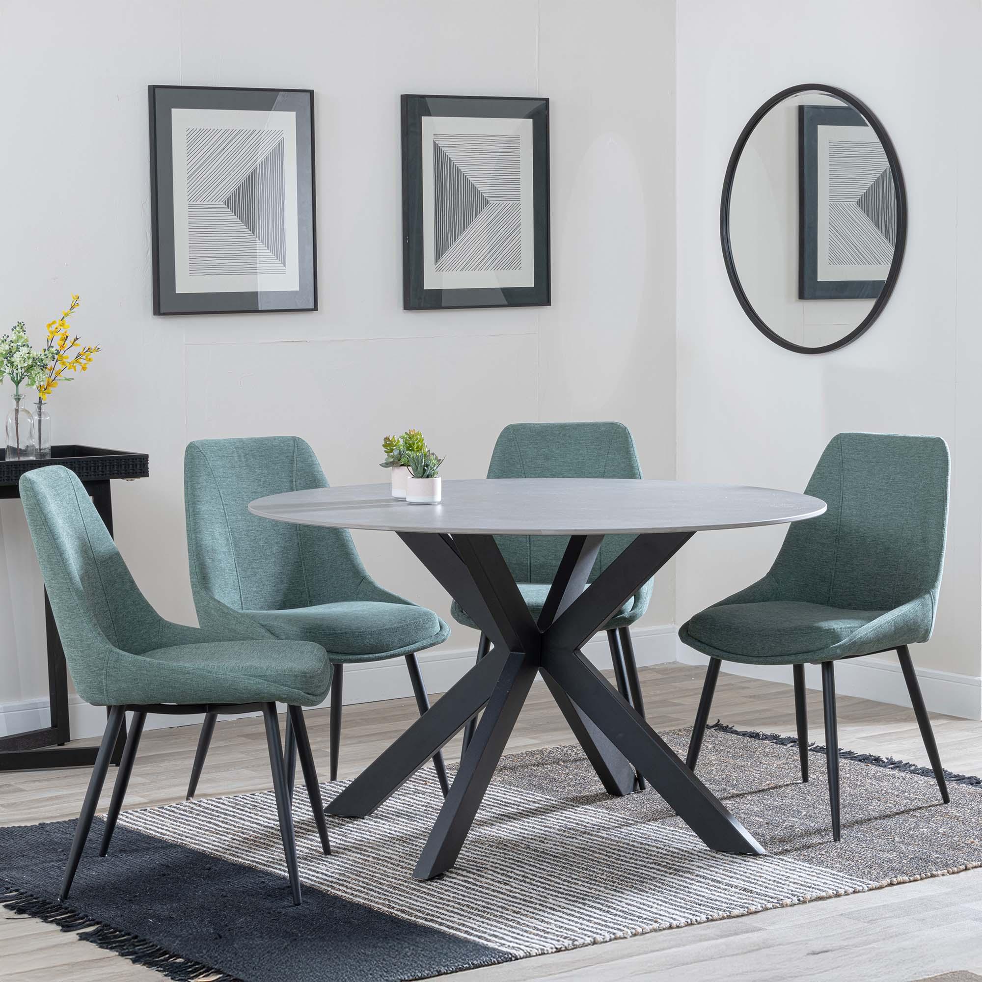 Novara Dining Set - 4 Seater - 130cm - Round - Grey Ceramic - 4x Darwin Dining Chairs - Green Fabric
