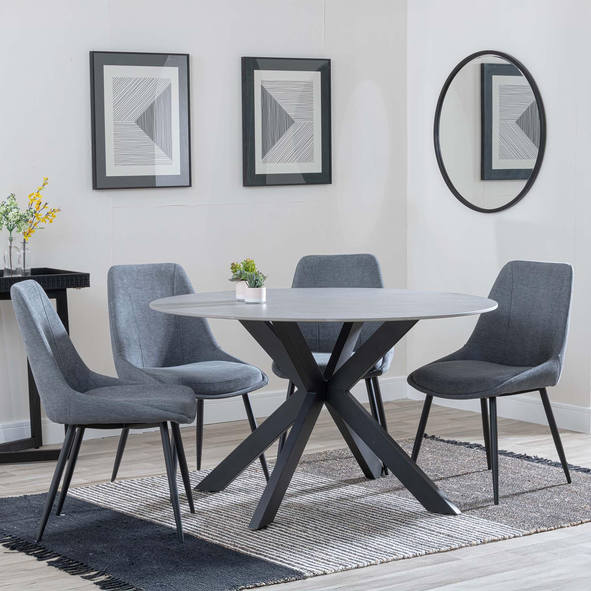 Novara Dining Set - 4 Seater - 130cm - Round - Grey Ceramic - 4x Darwin Dining Chairs - Grey Fabric