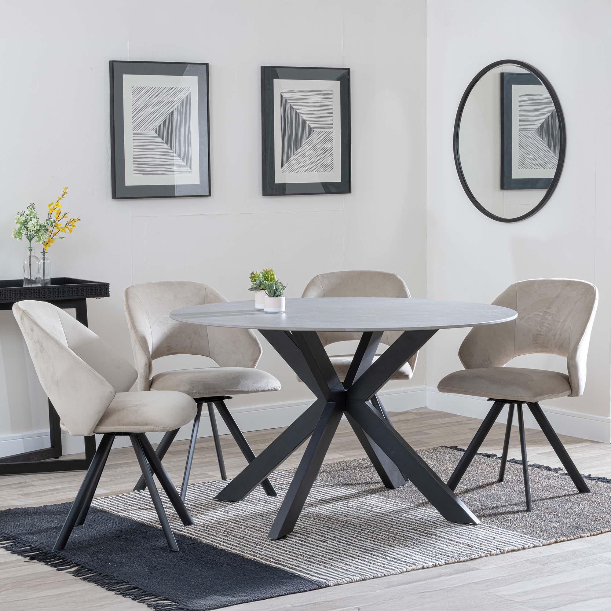 Novara Dining Set - 4 Seater - 130cm - Round - Grey Ceramic - 4x Ion Dining Chairs - Beige Velvet Fabric - Swivel
