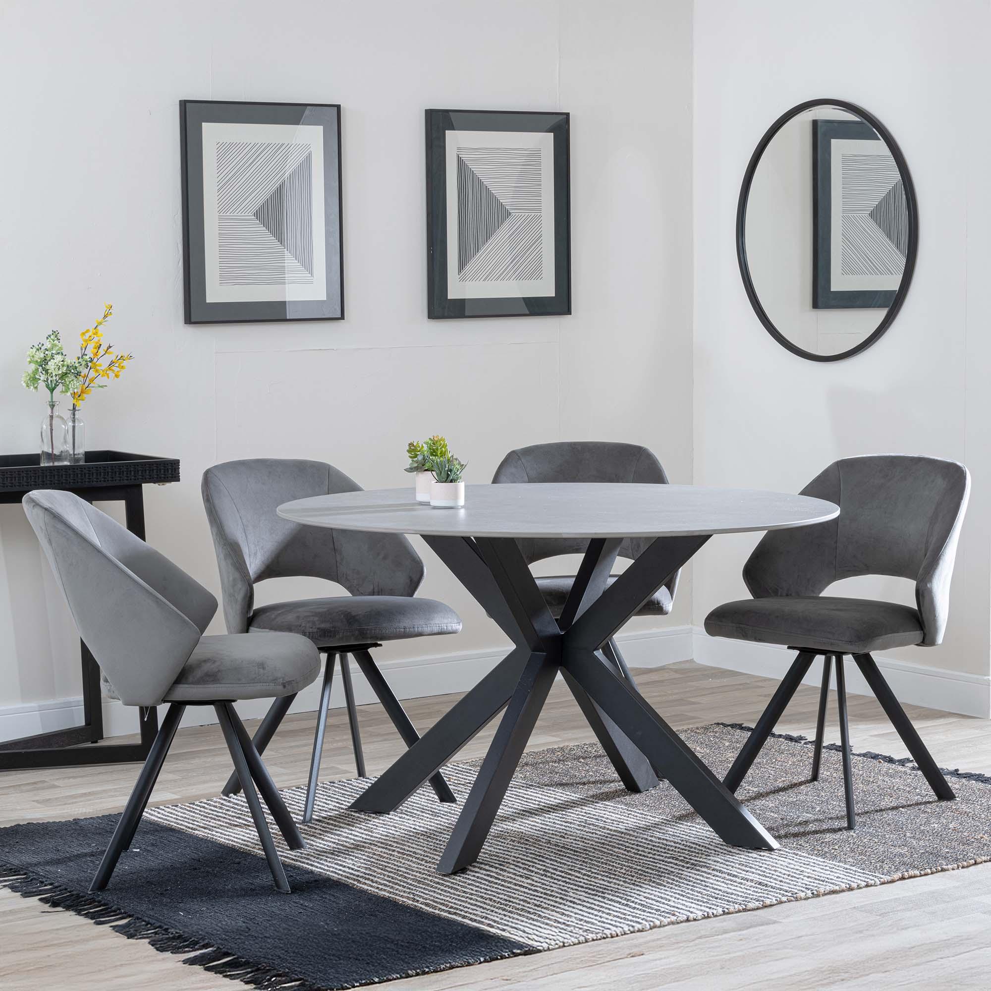 Novara Dining Set - 4 Seater - 130cm - Round - Grey Ceramic - 4x Ion Dining Chairs - Dark Grey Velvet Fabric - Swivel