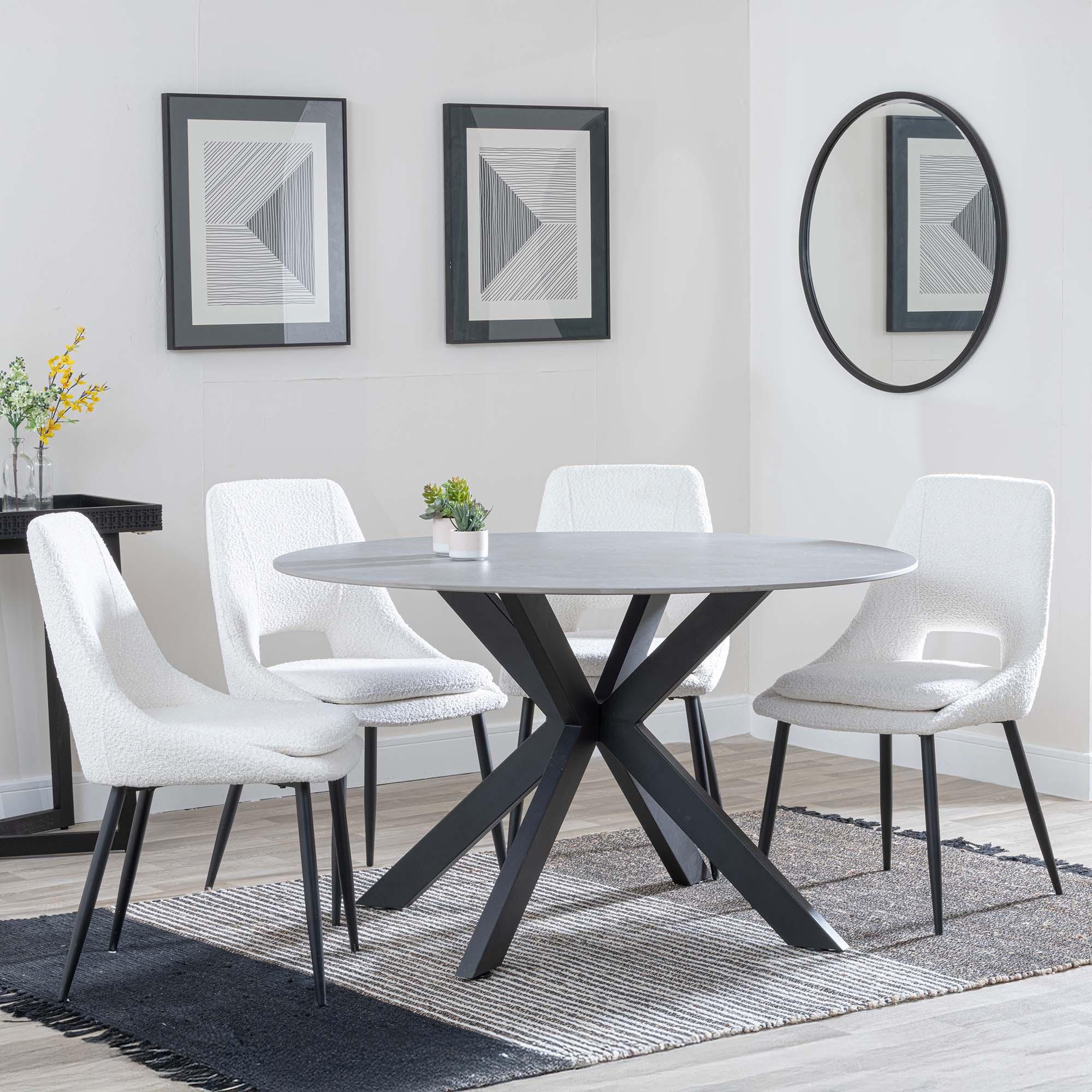 Novara Dining Set - 4 Seater - 130cm - Round - Grey Ceramic - 4x Peyton Dining Chairs - Cream Fabric