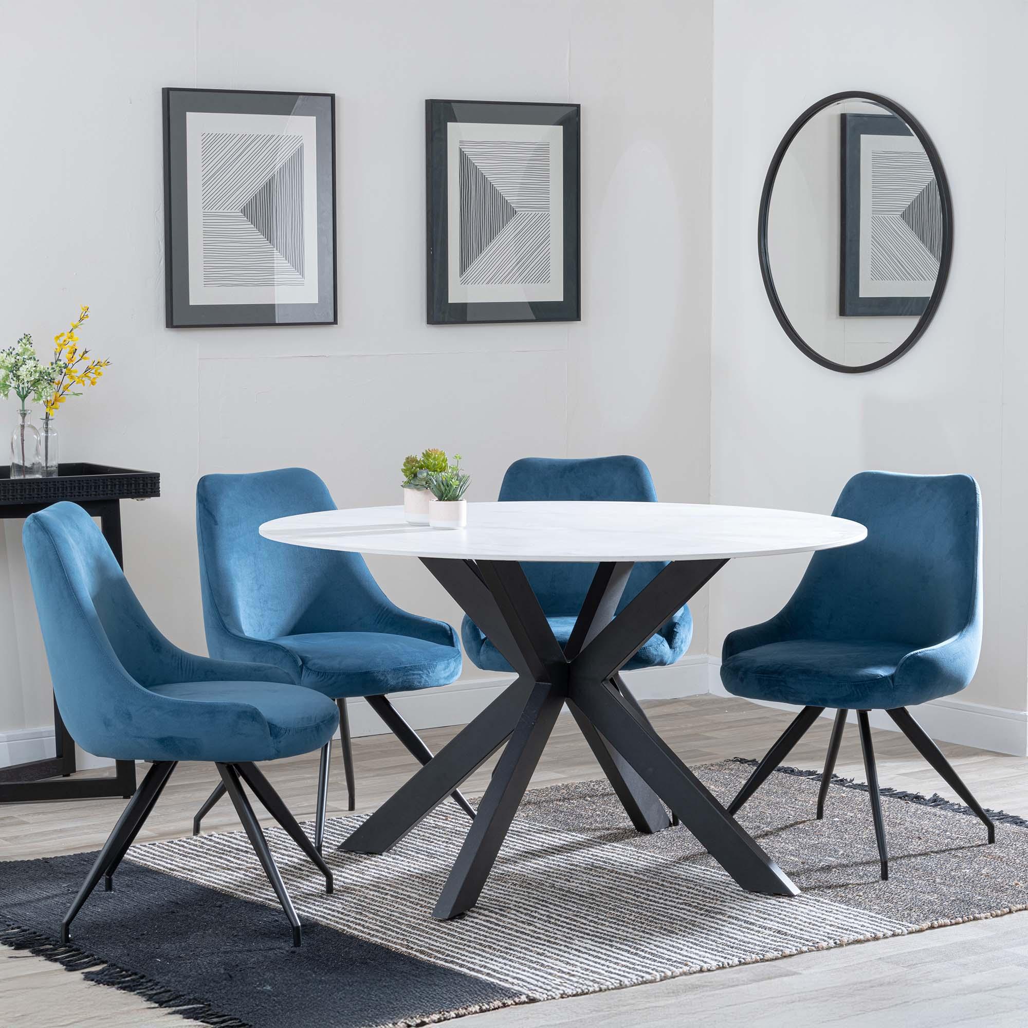 Novara White Ceramic 4 Seater Round Dining Set - 4 Arctic Blue Velvet Fabric Swivel Dining Chair