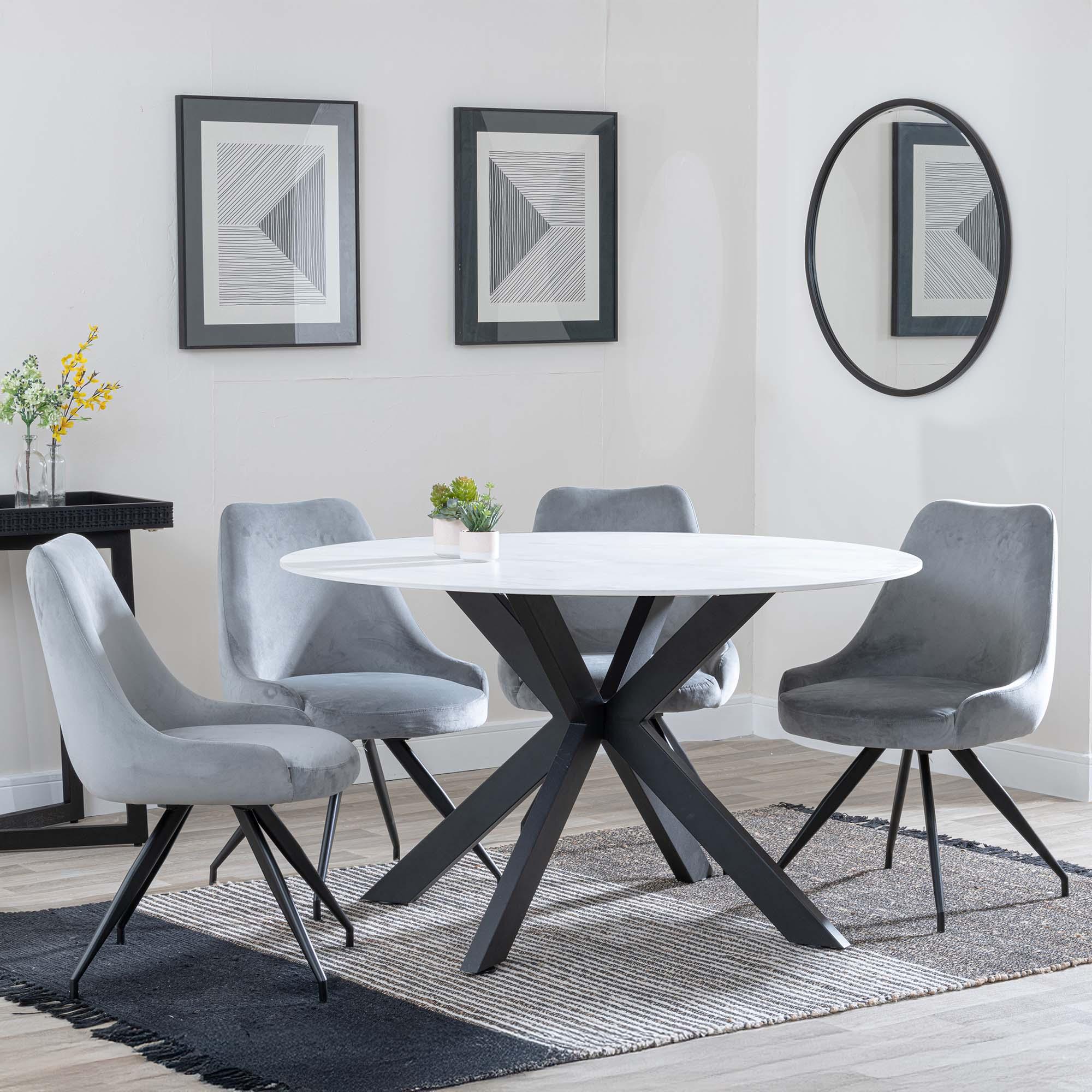 Novara White Ceramic 4 Seater Round Dining Set - 4 Arctic Grey Velvet Fabric Swivel Dining Chair