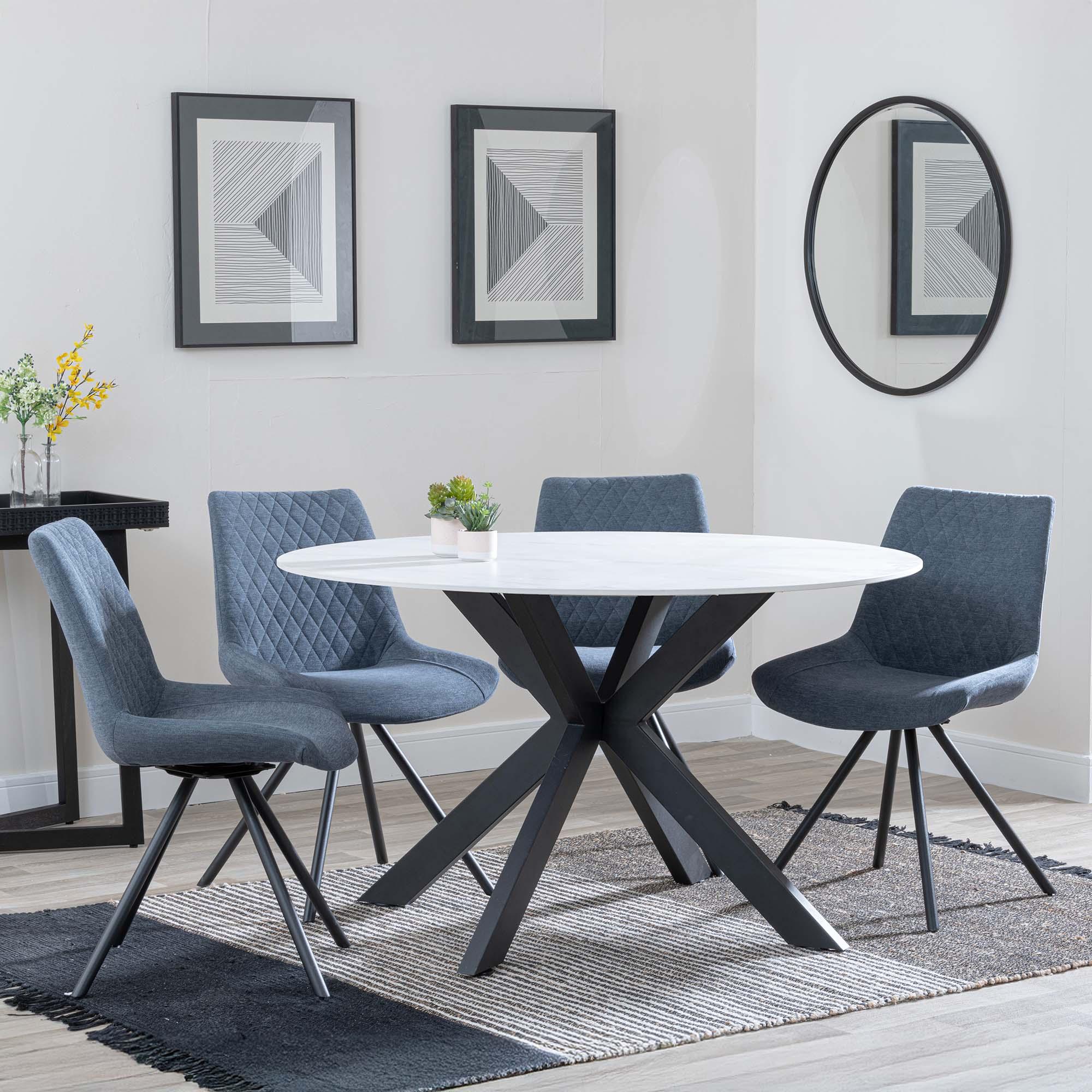 Novara White Ceramic 4 Seater Round Dining Set - 4 Boden Dark Grey Fabric Swivel Dining Chair