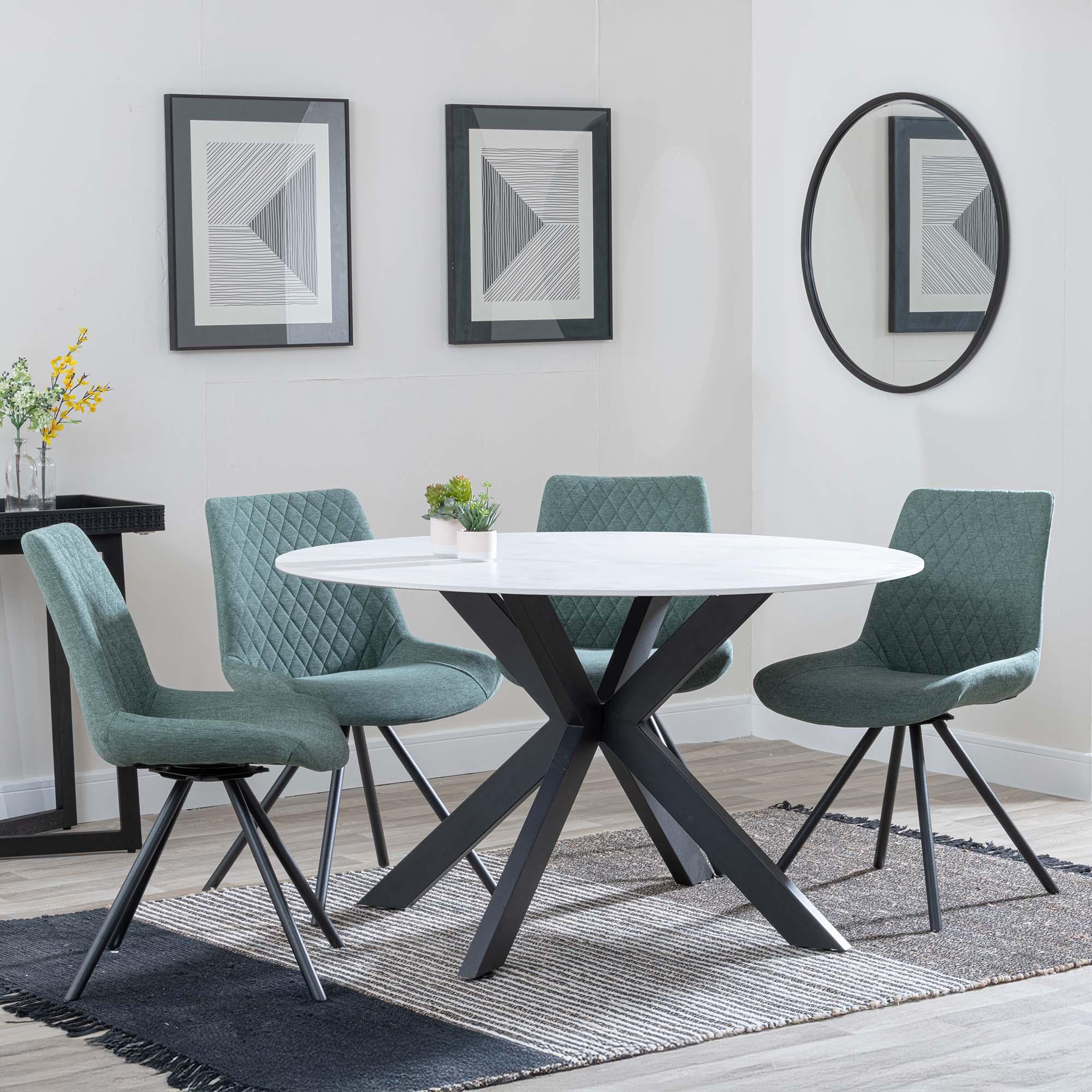 Novara White Ceramic 4 Seater Round Dining Set - 4 Boden Green Fabric Swivel Dining Chair