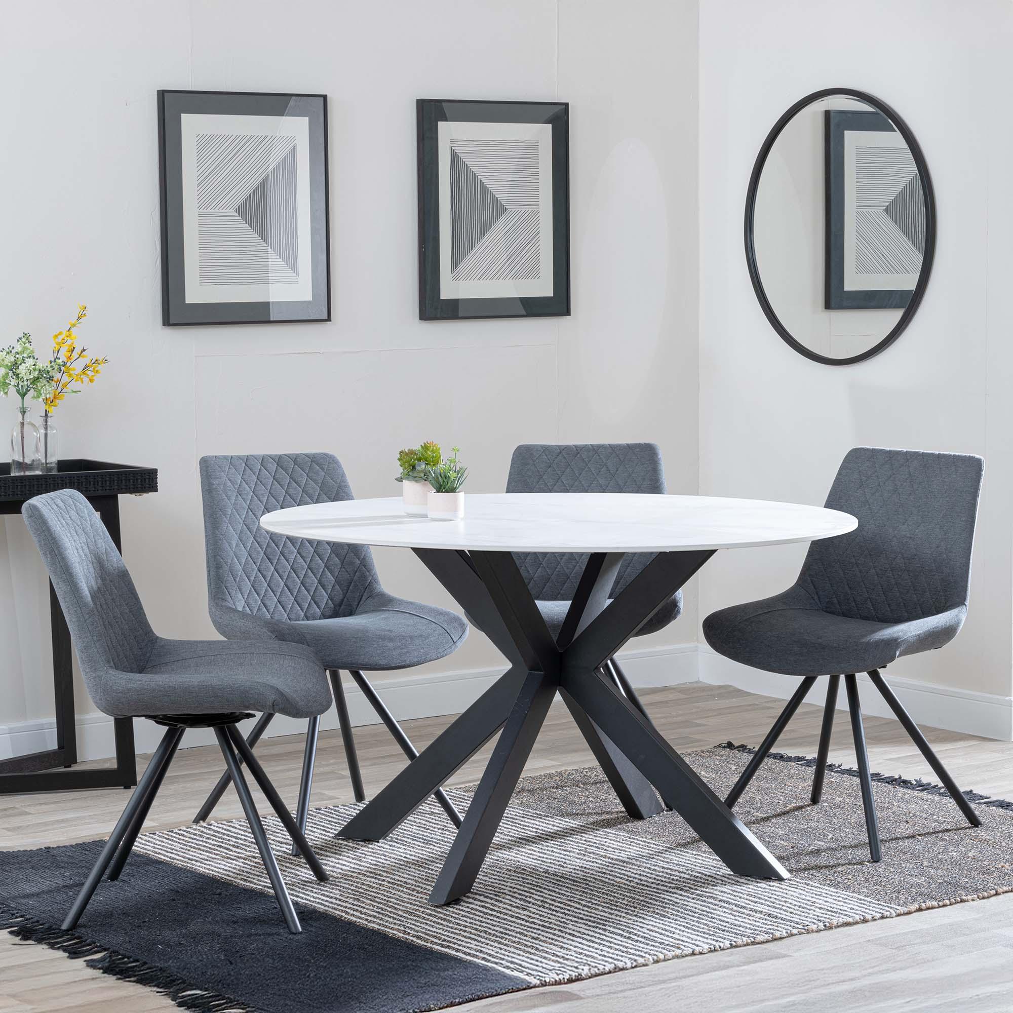 Novara White Ceramic 4 Seater Round Dining Set - 4 Boden Grey Fabric Swivel Dining Chair