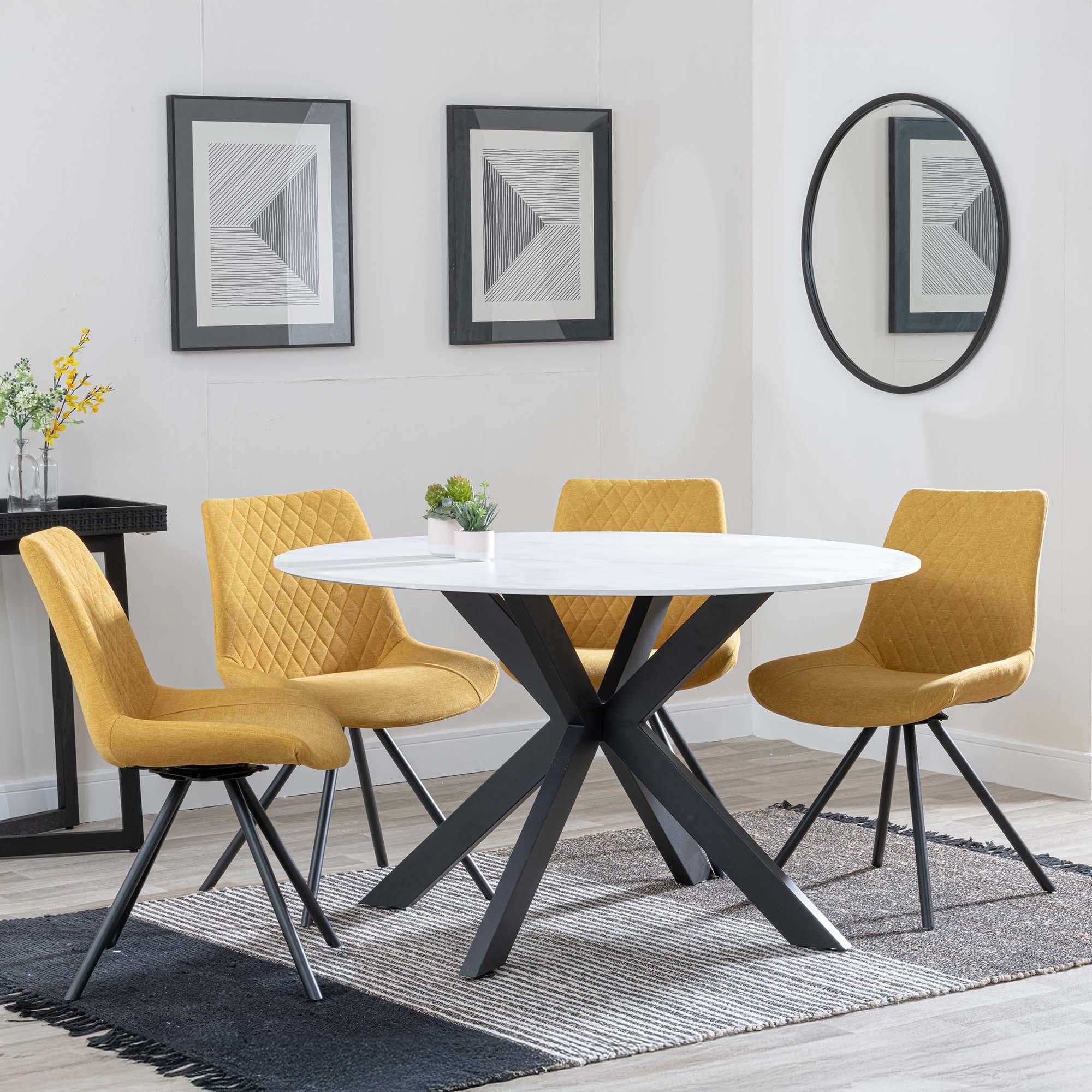 Novara White Ceramic 4 Seater Round Dining Set - 4 Boden Yellow Fabric Swivel Dining Chair