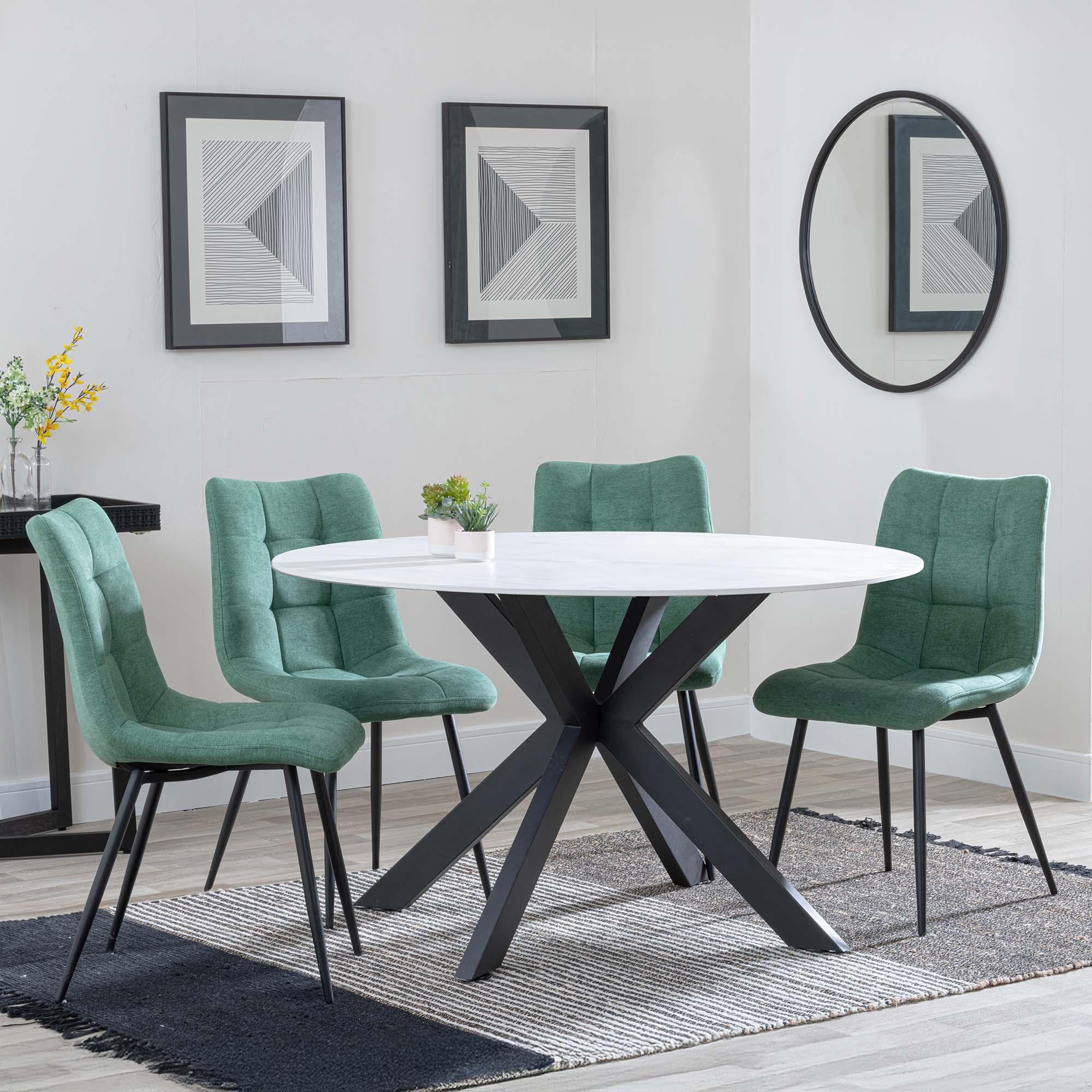Novara White Ceramic 4 Seater Round Dining Set - 4 Corona Green Fabric Dining Chair