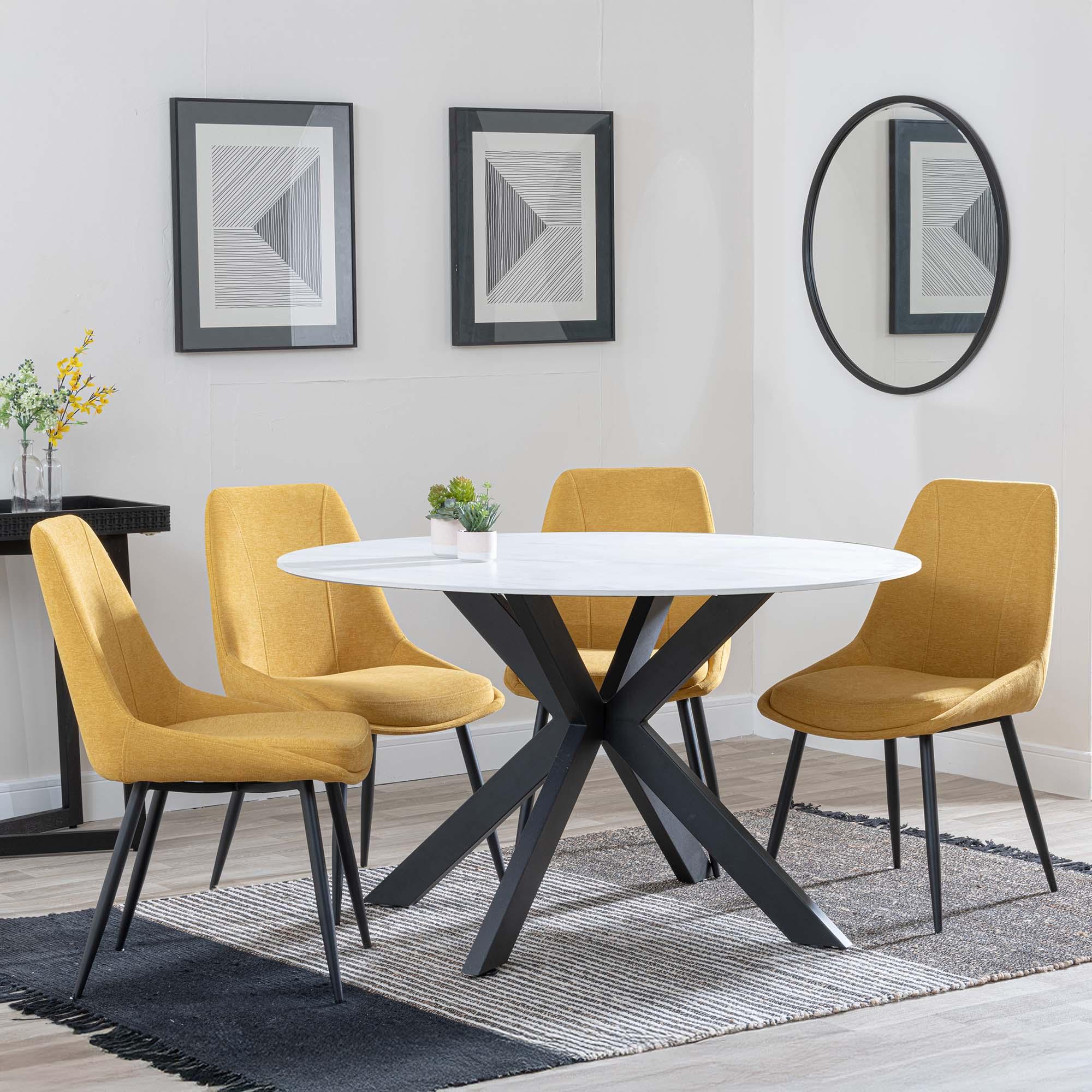 Novara White Ceramic 4 Seater Round Dining Set - 4 Darwin Yellow Fabric Dining Chair