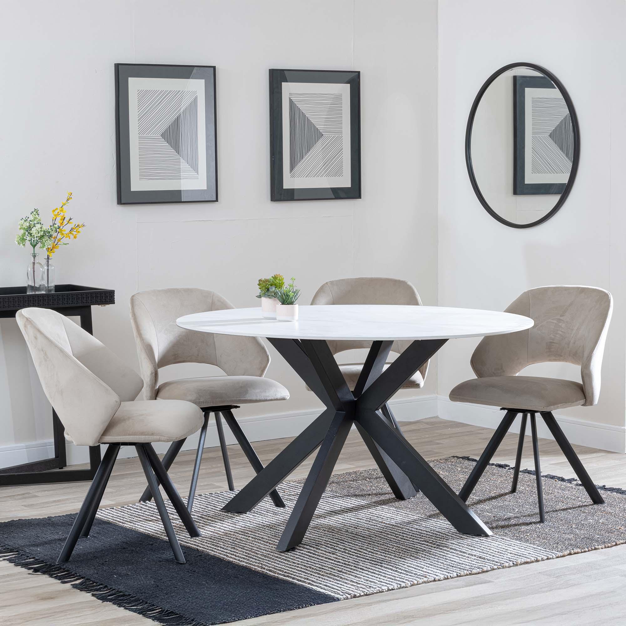 Novara White Ceramic 4 Seater Round Dining Set - 4 Ion Beige Velvet Fabric Swivel Dining Chair