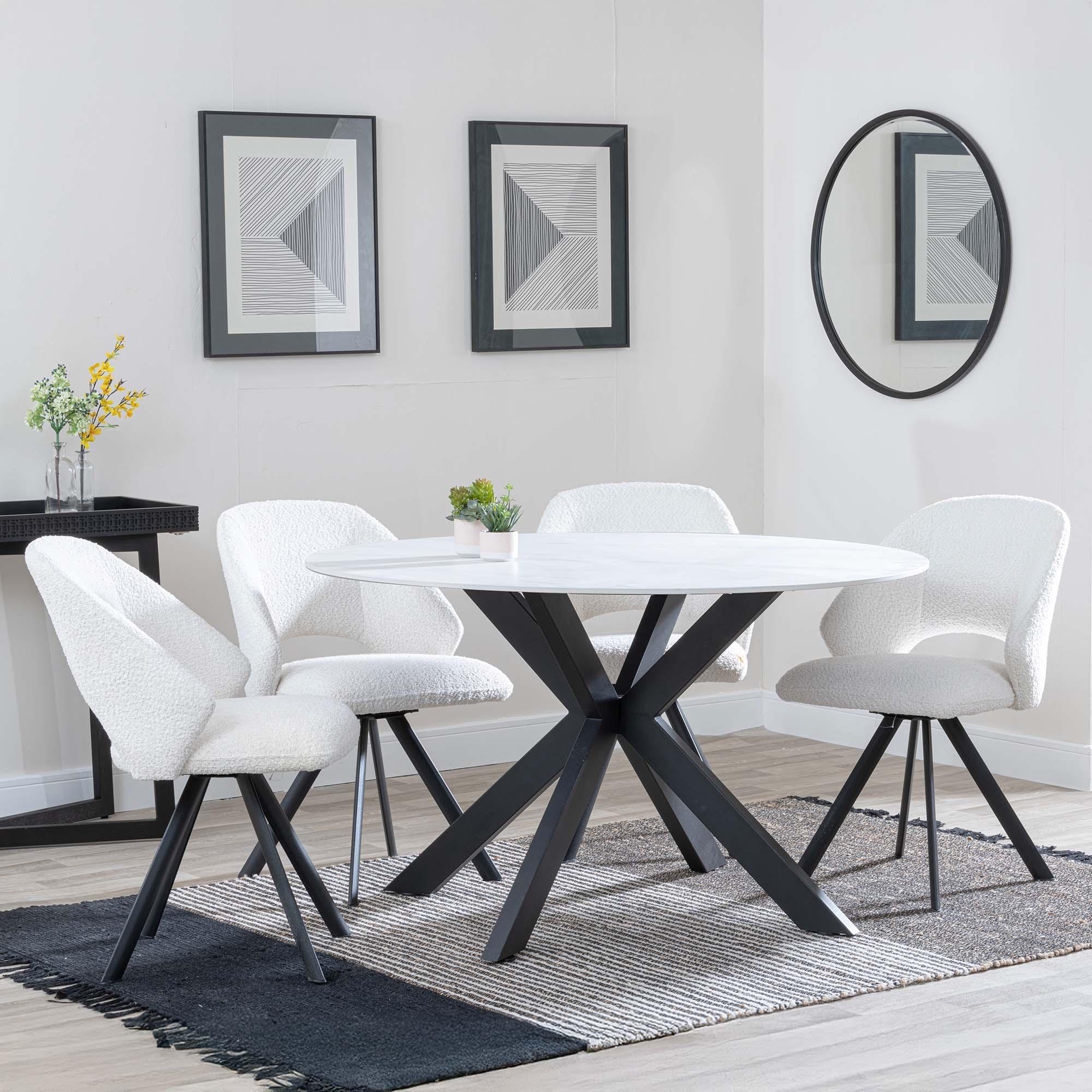 Novara White Ceramic 4 Seater Round Dining Set - 4 Ion Cream Boucle Teddy Fabric Swivel Dining Chair