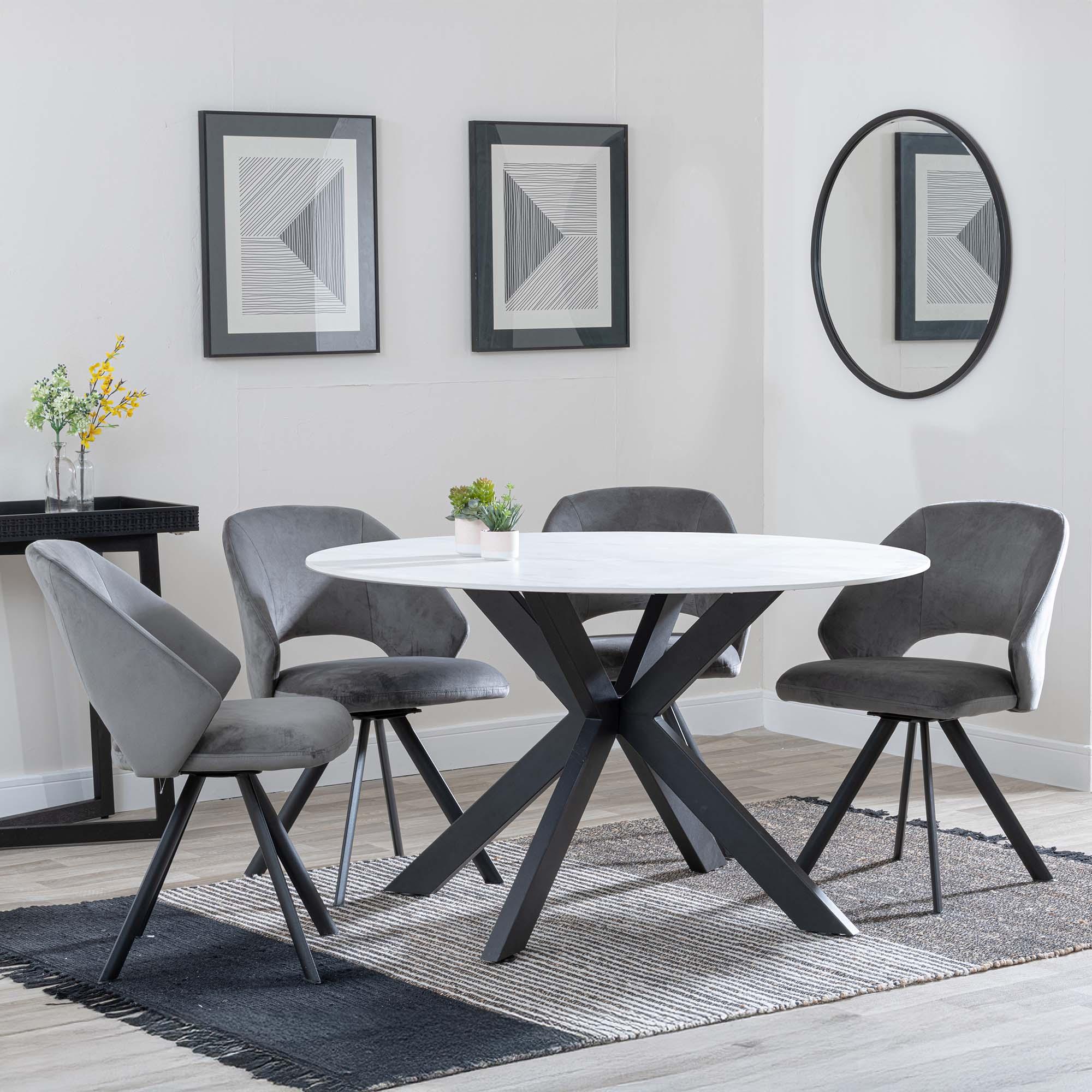 Novara White Ceramic 4 Seater Round Dining Set - 4 Ion Dark Grey Velvet Fabric Swivel Dining Chair