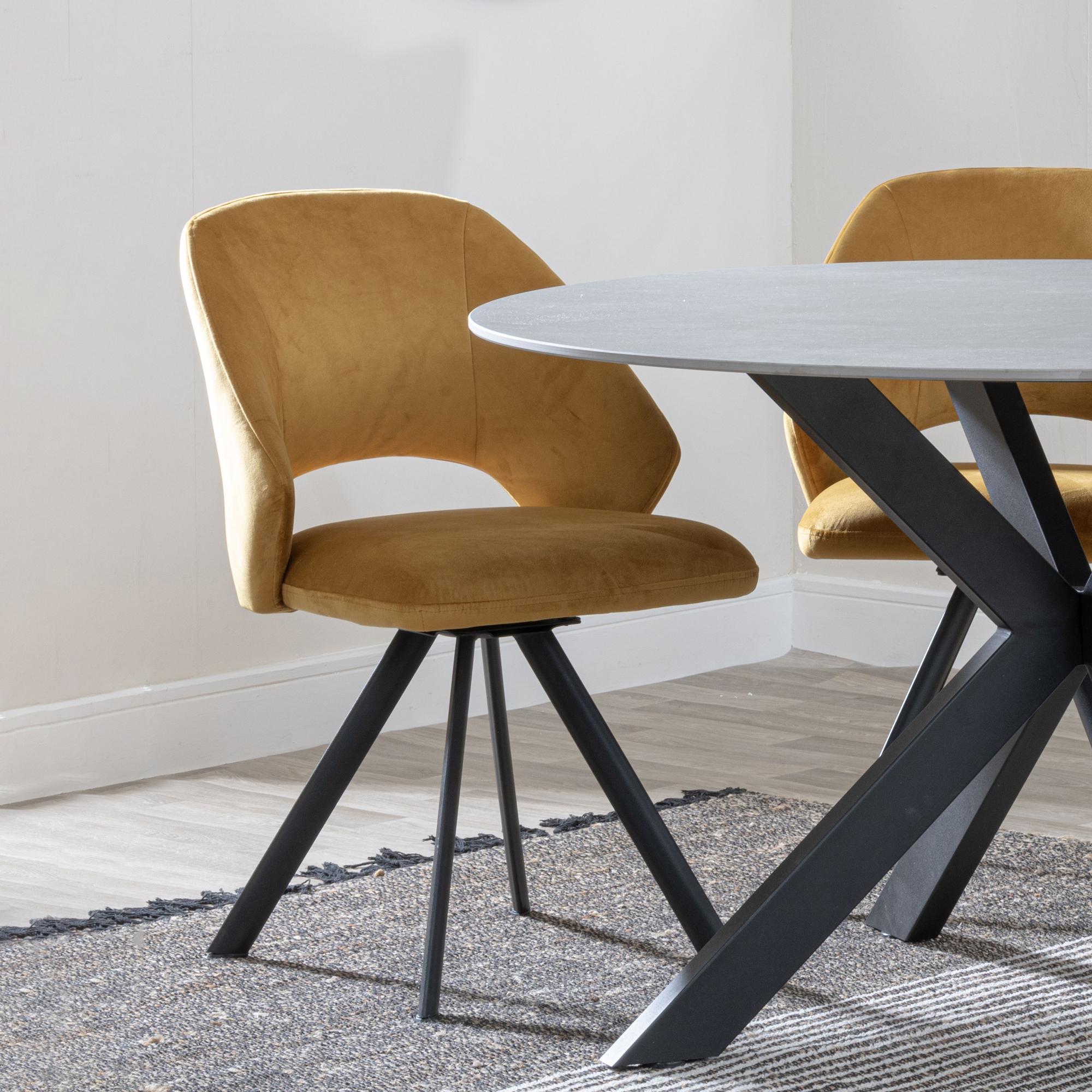 Novara Dining Set - 4 Seater - 130cm - Round - White Ceramic - 4x Ion Dining Chairs - Mustard Velvet Fabric - Swivel