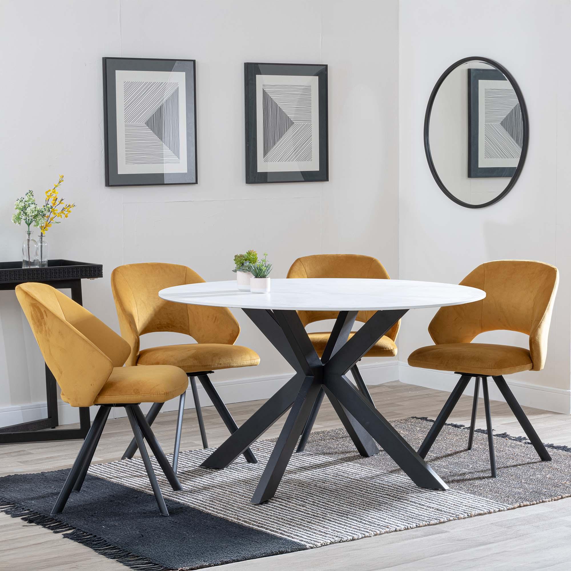Novara White Ceramic 4 Seater Round Dining Set - 4 Ion Mustard Velvet Fabric Swivel Dining Chair