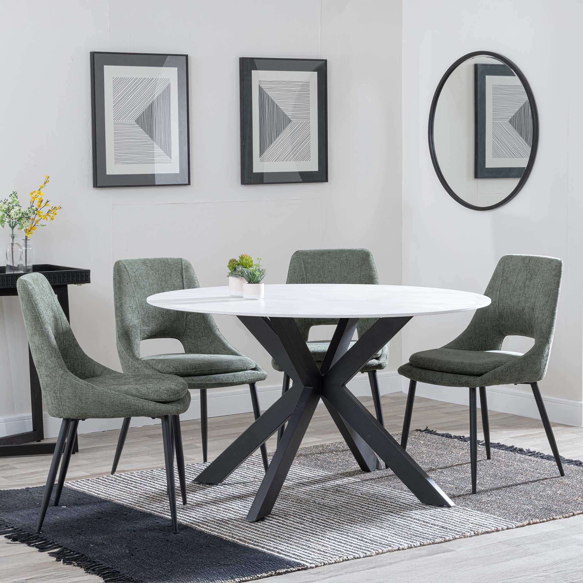 Novara White Ceramic 4 Seater Round Dining Set - 4 Peyton Green Fabric Dining Chair
