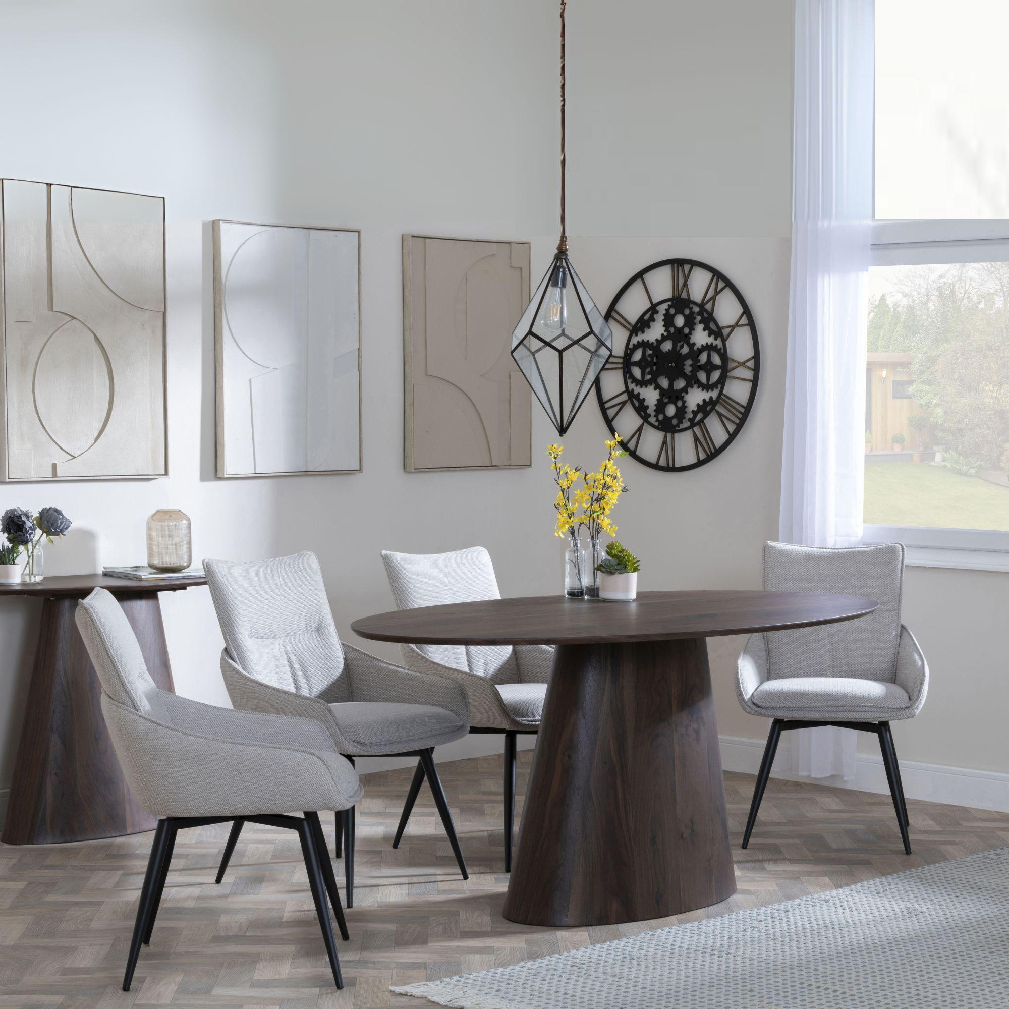 Palma Walnut Oval Dining Set - Ace Beige Fabric Swivel Dining Chair