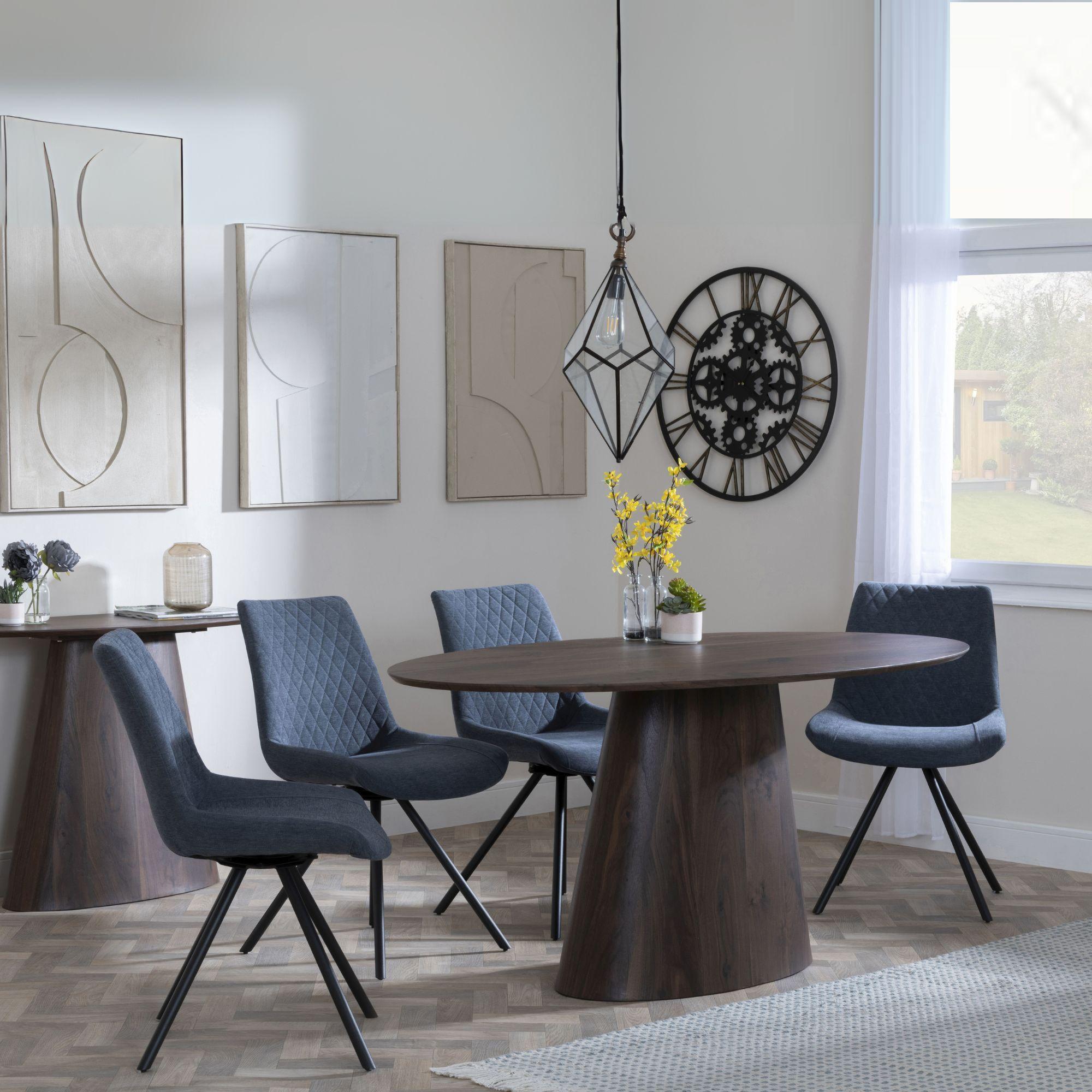 Palma Walnut Oval Dining Set - Boden Dark Grey Fabric Swivel Dining Chair