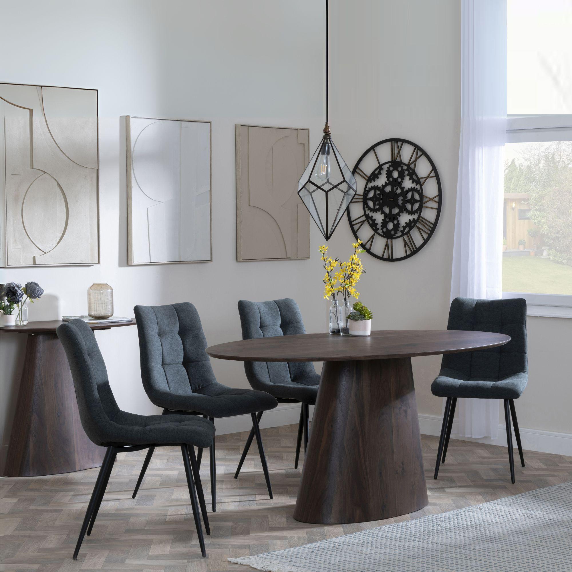 Palma Walnut Oval Dining Set - Corona Light Grey Fabric Chairs