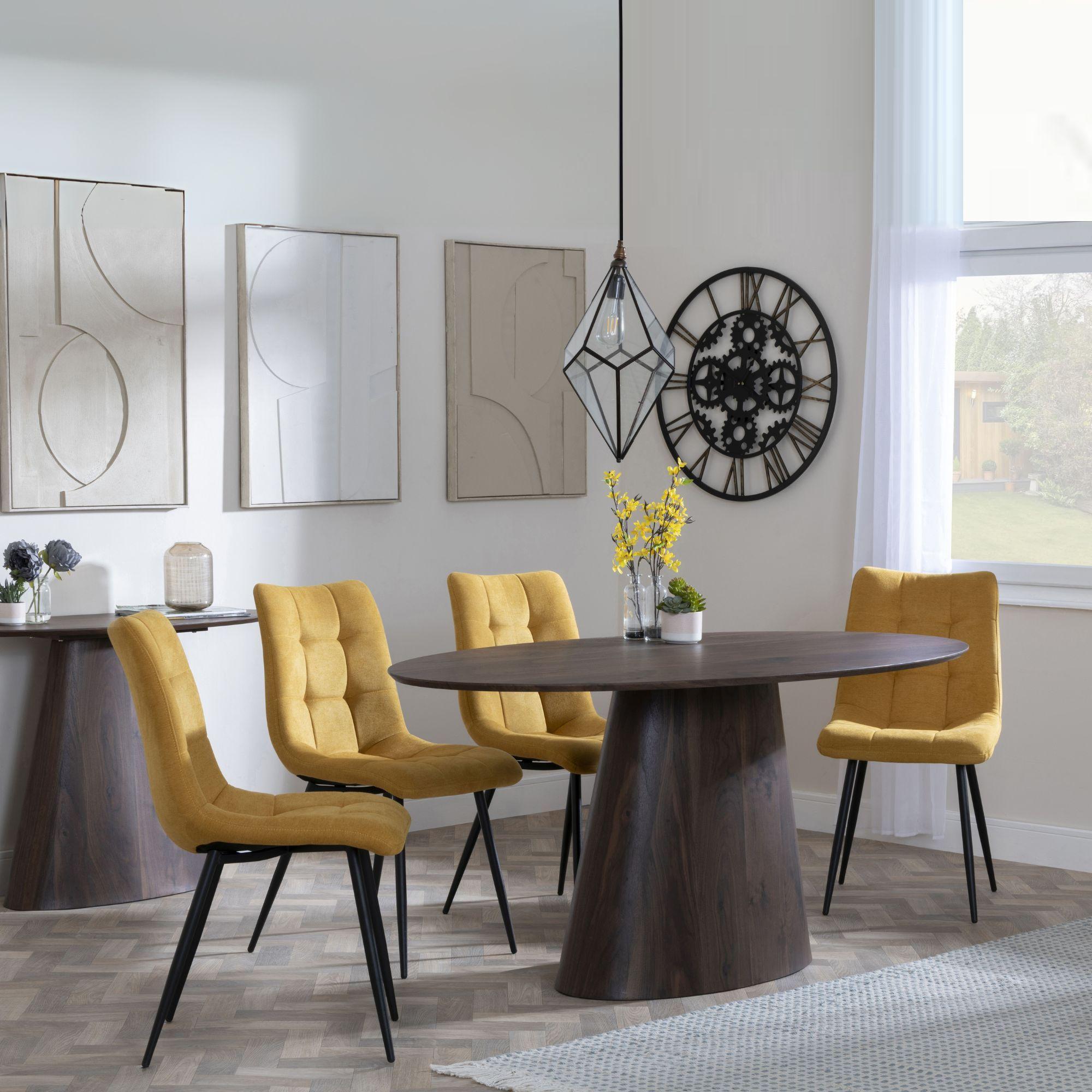 Palma Walnut Oval Dining Set - Corona Yellow Fabric Chairs