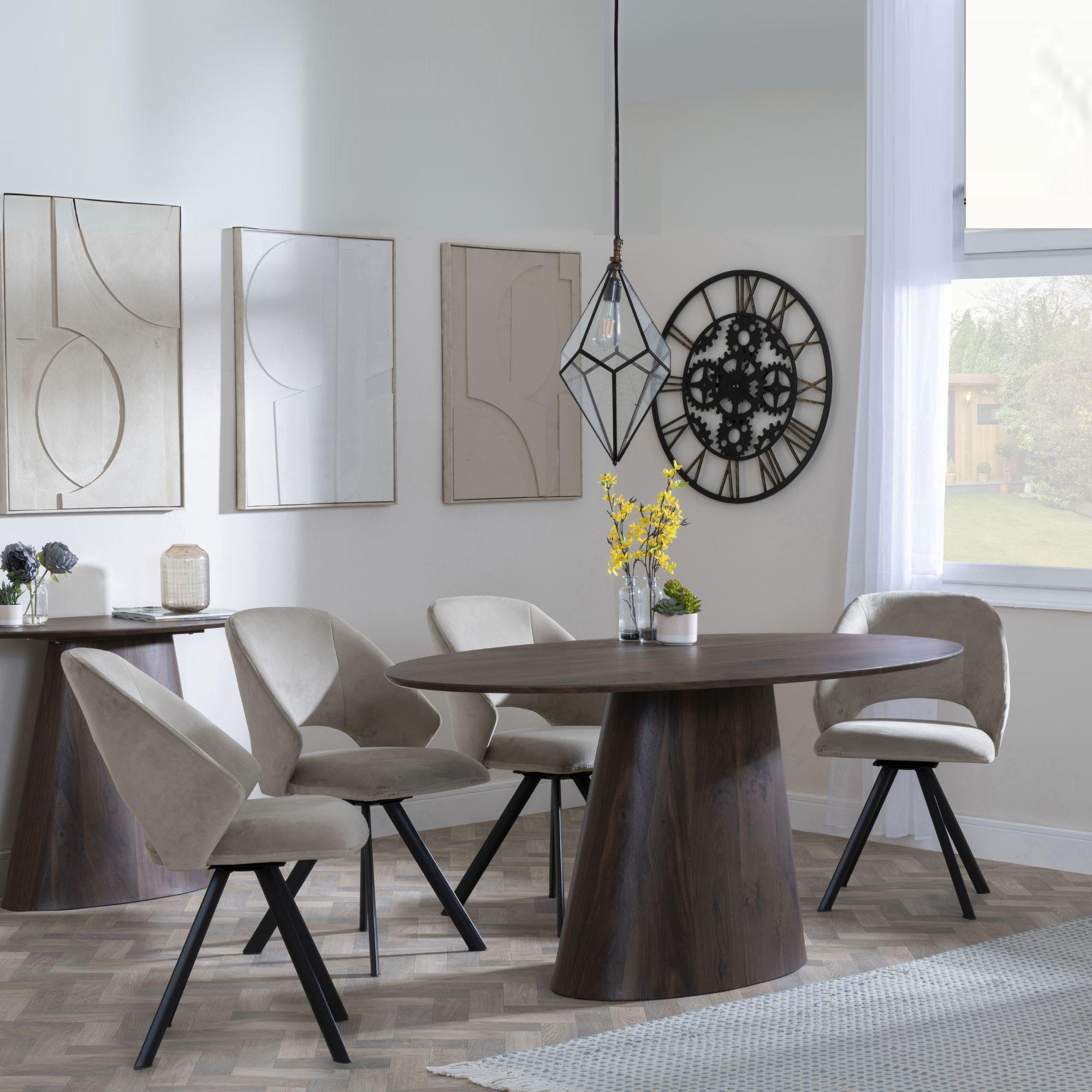 Palma Walnut Oval Dining Set - Ion Beige Velvet Fabric Swivel Dining Chair
