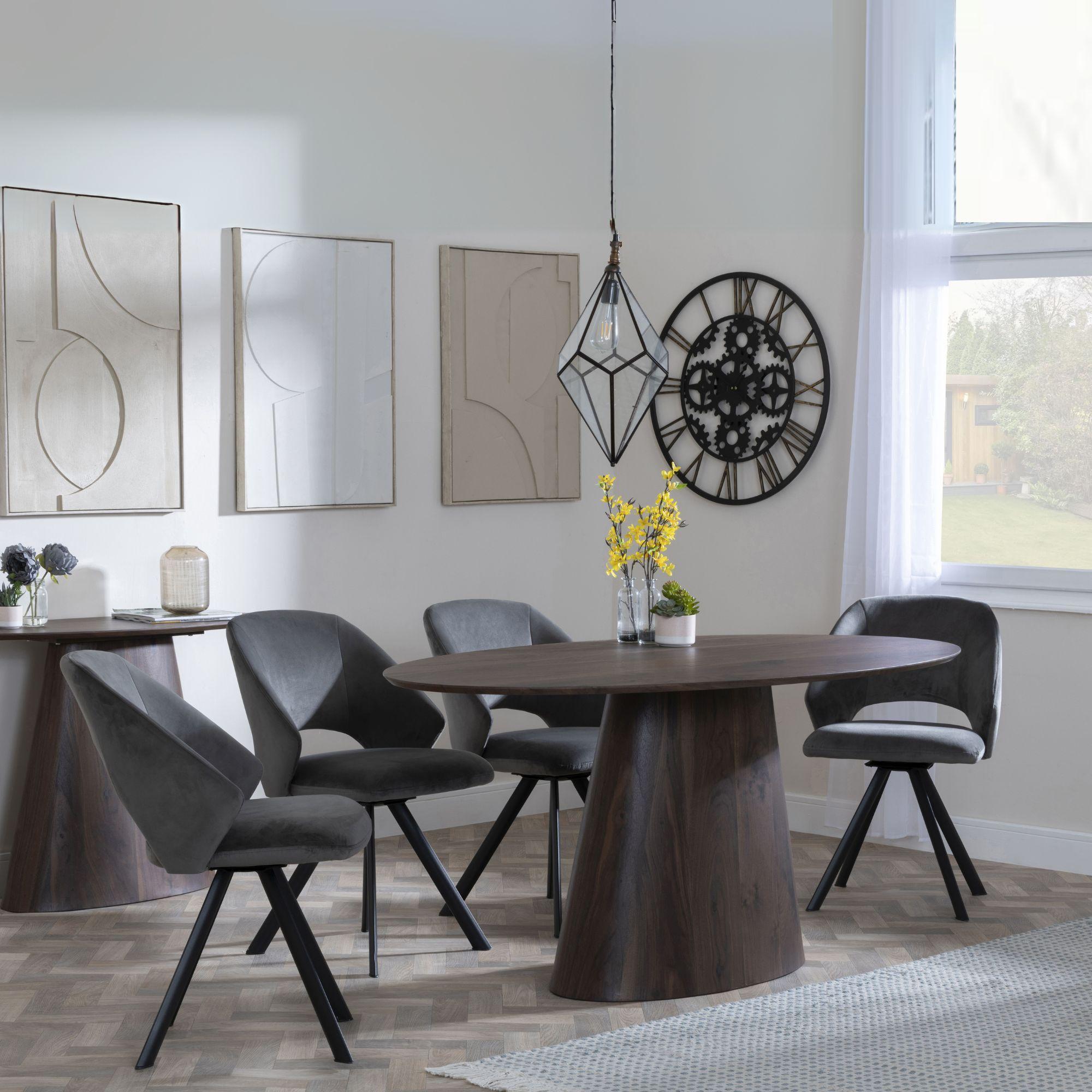 Palma Walnut Oval Dining Set - Ion Dark Grey Velvet Fabric Swivel Dining Chair