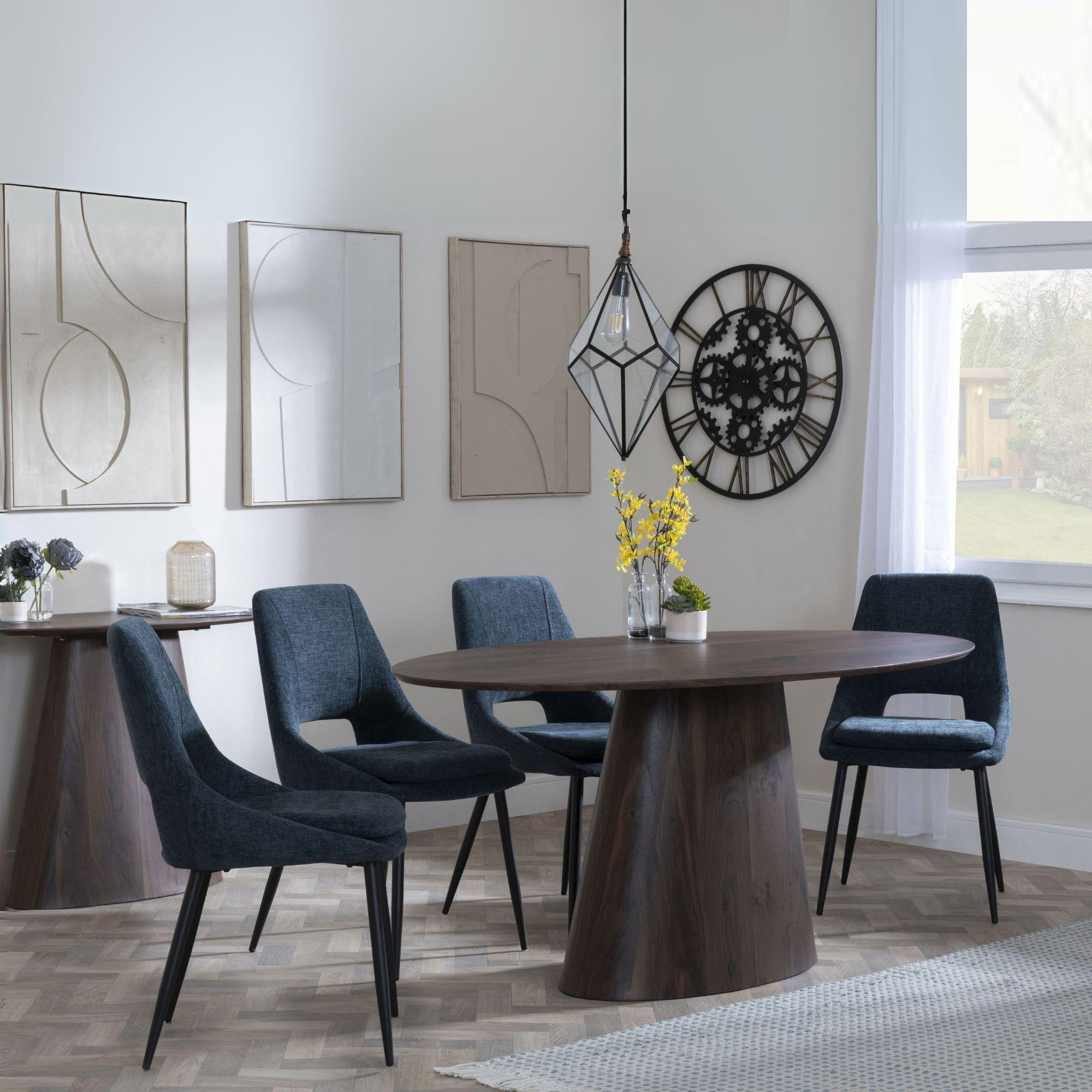 Palma Walnut Oval Dining Set - Peyton Blue Fabric Dining Chair