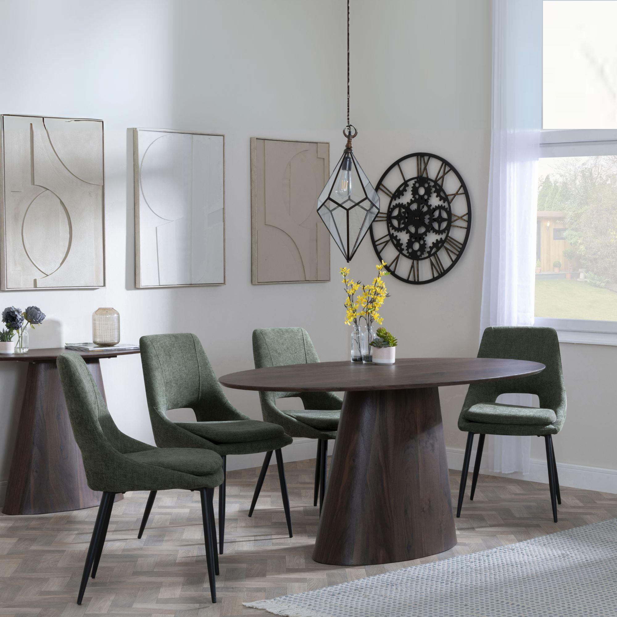 Palma Walnut Oval Dining Set - Peyton Green Fabric Dining Chair