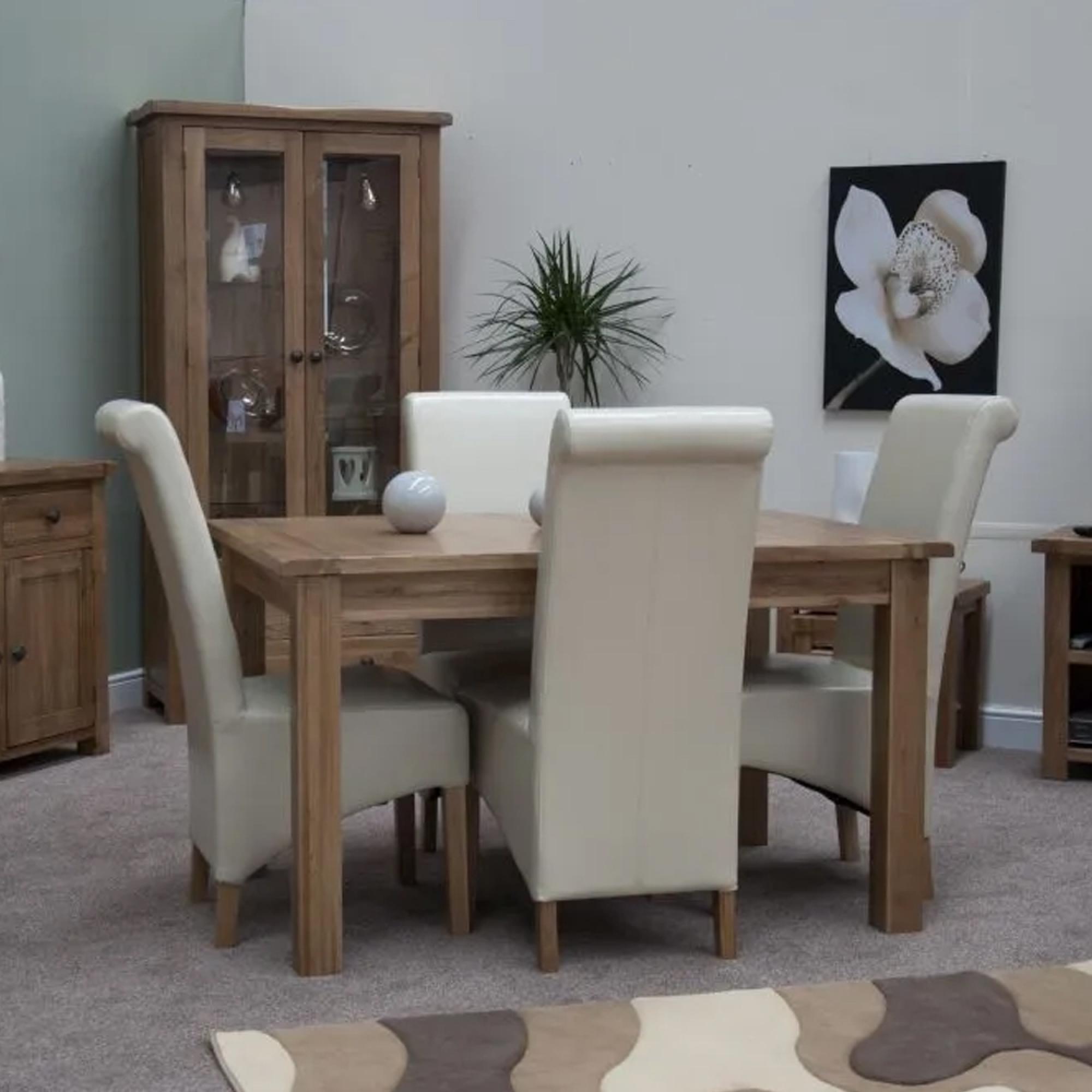 Rustic Oak Extending Dining Set - 132cm-198cm - 4-8 Seater - 4 Ronald Ivory Chairs - Oak