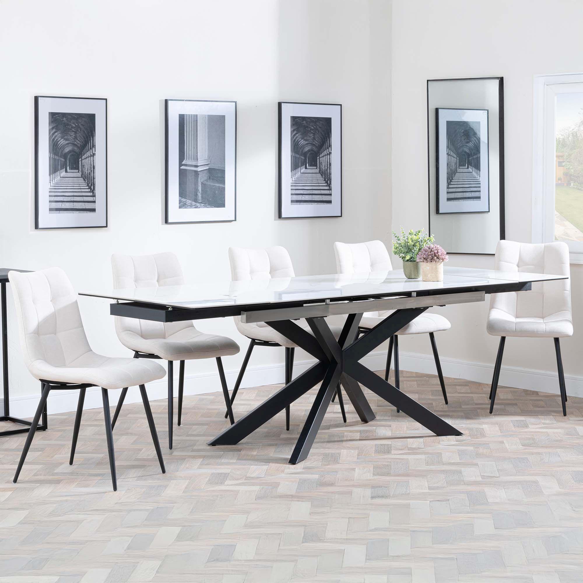 Sutton White Ceramic Extending Dining Set - Corona Beige Fabric Dining Chair