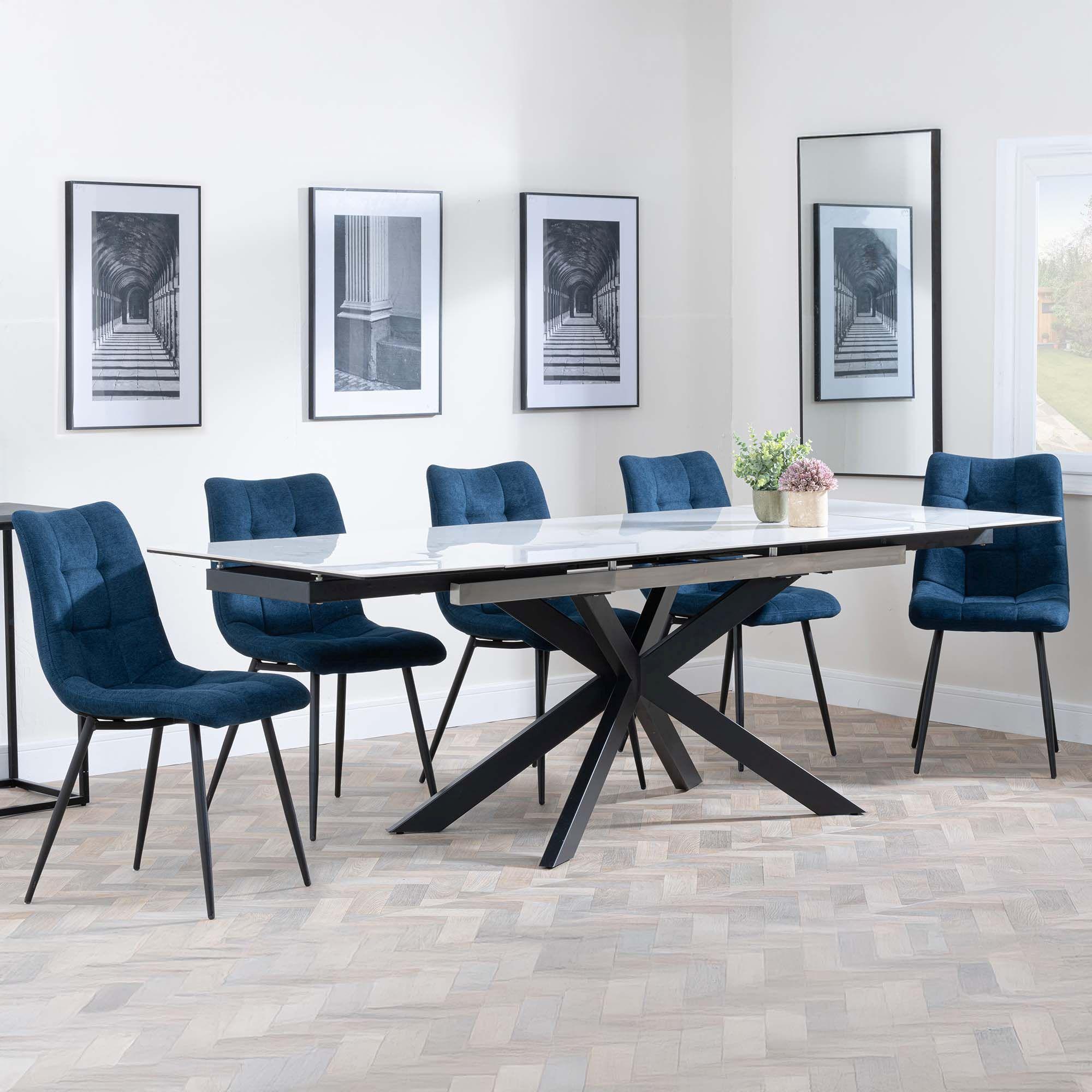 Sutton White Ceramic Extending Dining Set - Corona Blue Fabric Dining Chair