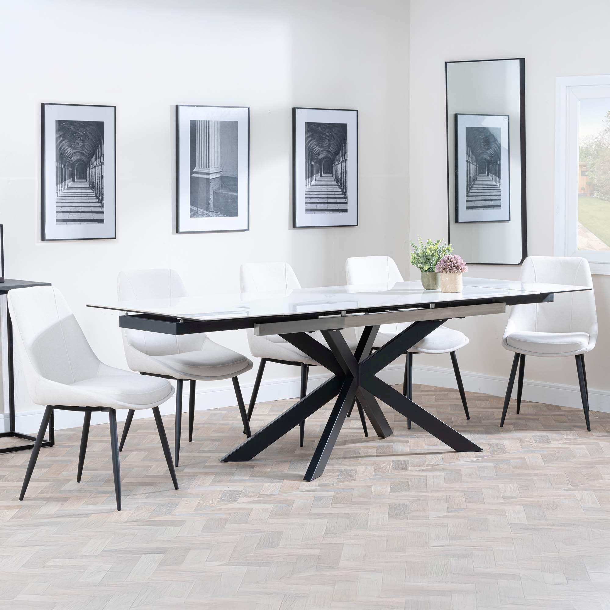 Sutton White Ceramic Extending Dining Set - Darwin Cream Fabric Dining Chair