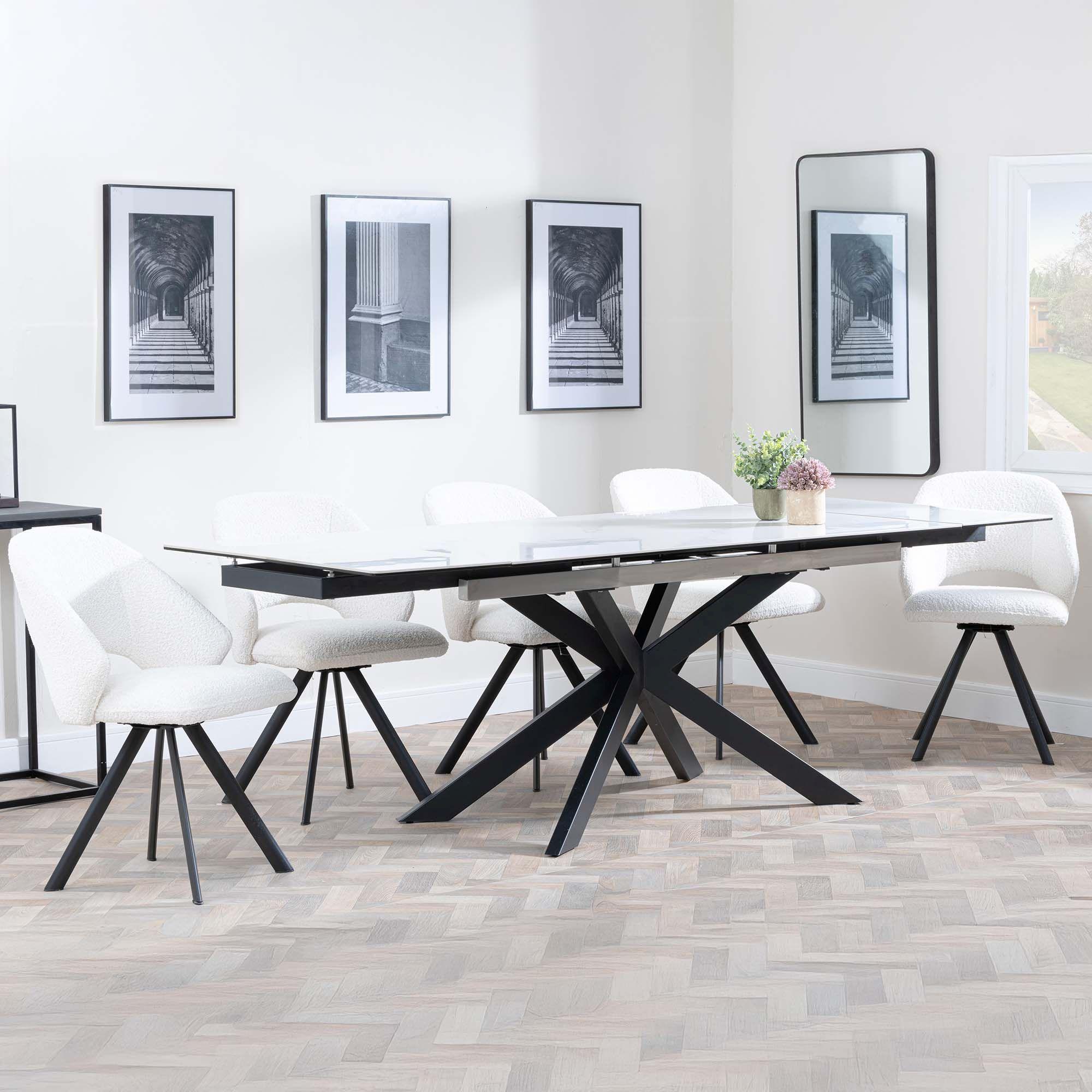 Sutton White Ceramic Extending Dining Set - Ion Cream Boucle Teddy Fabric Swivel Dining Chair