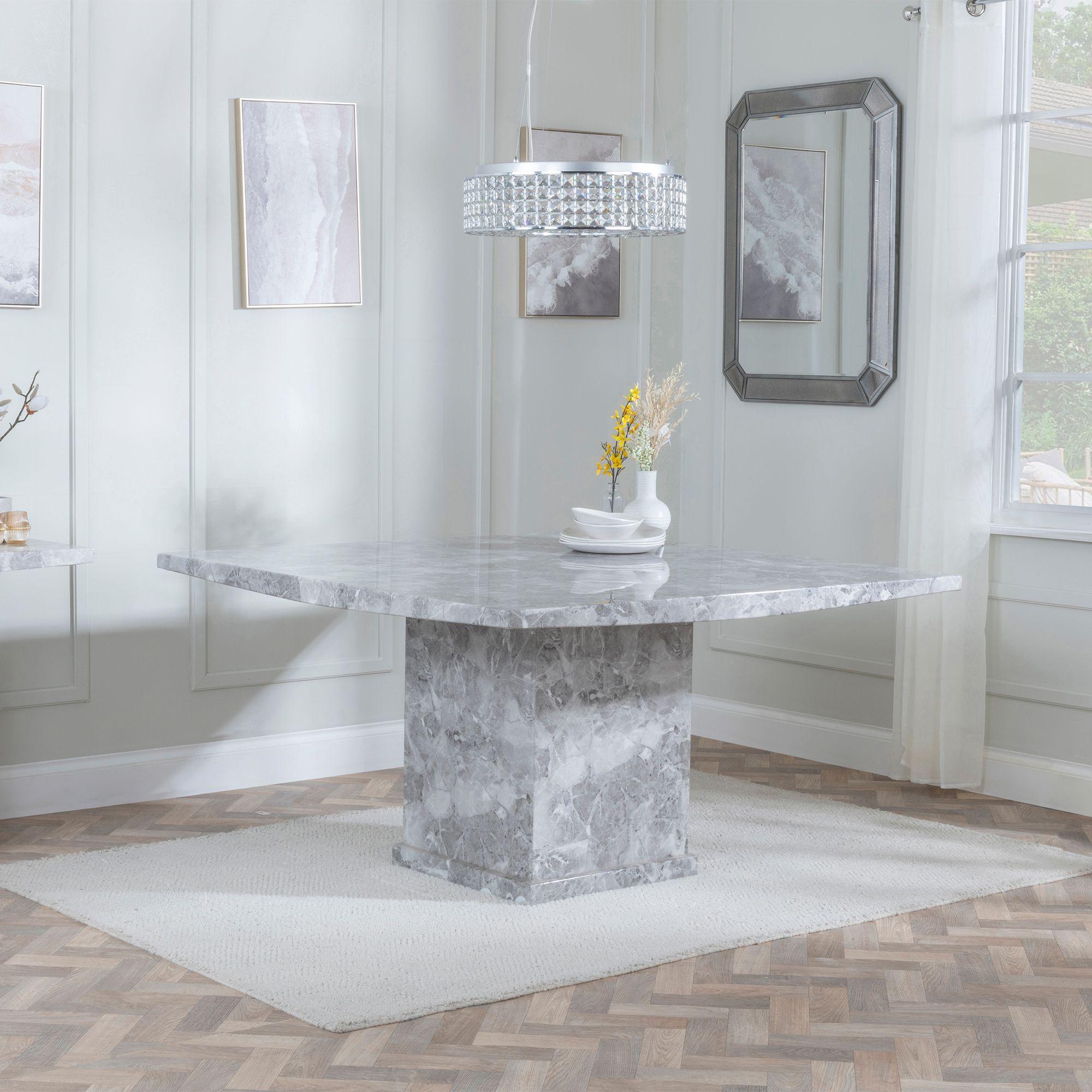 Turin Dining Set - 8 Seater - 140cm - Square - Grey Marble - Jamison Dining Chairs - Grey Faux Leather