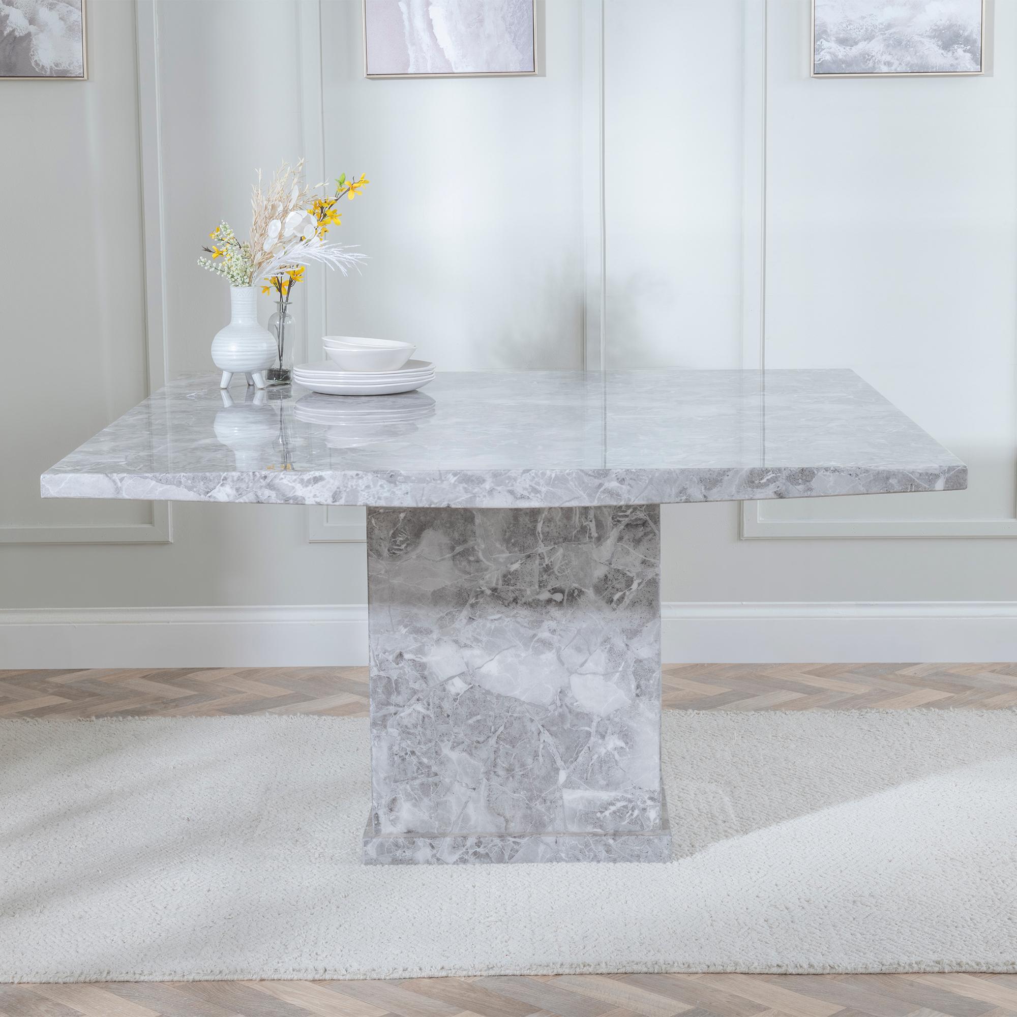 Turin Dining Set - 8 Seater - 140cm - Square - Grey Marble - Jamison Dining Chairs - Grey Faux Leather