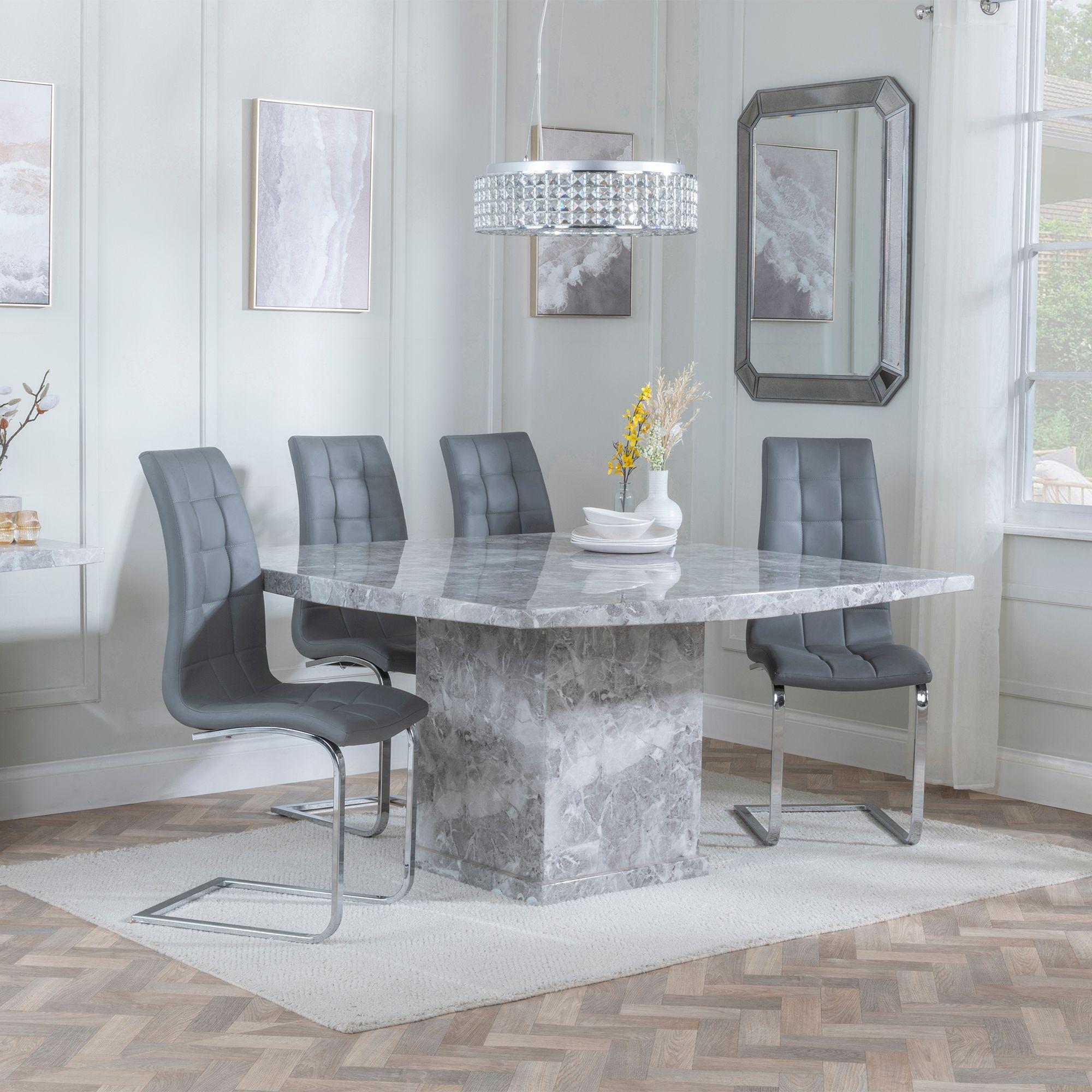 Turin Grey Marble Square Dining Set - Jamison Grey Faux Leather Dining Chair