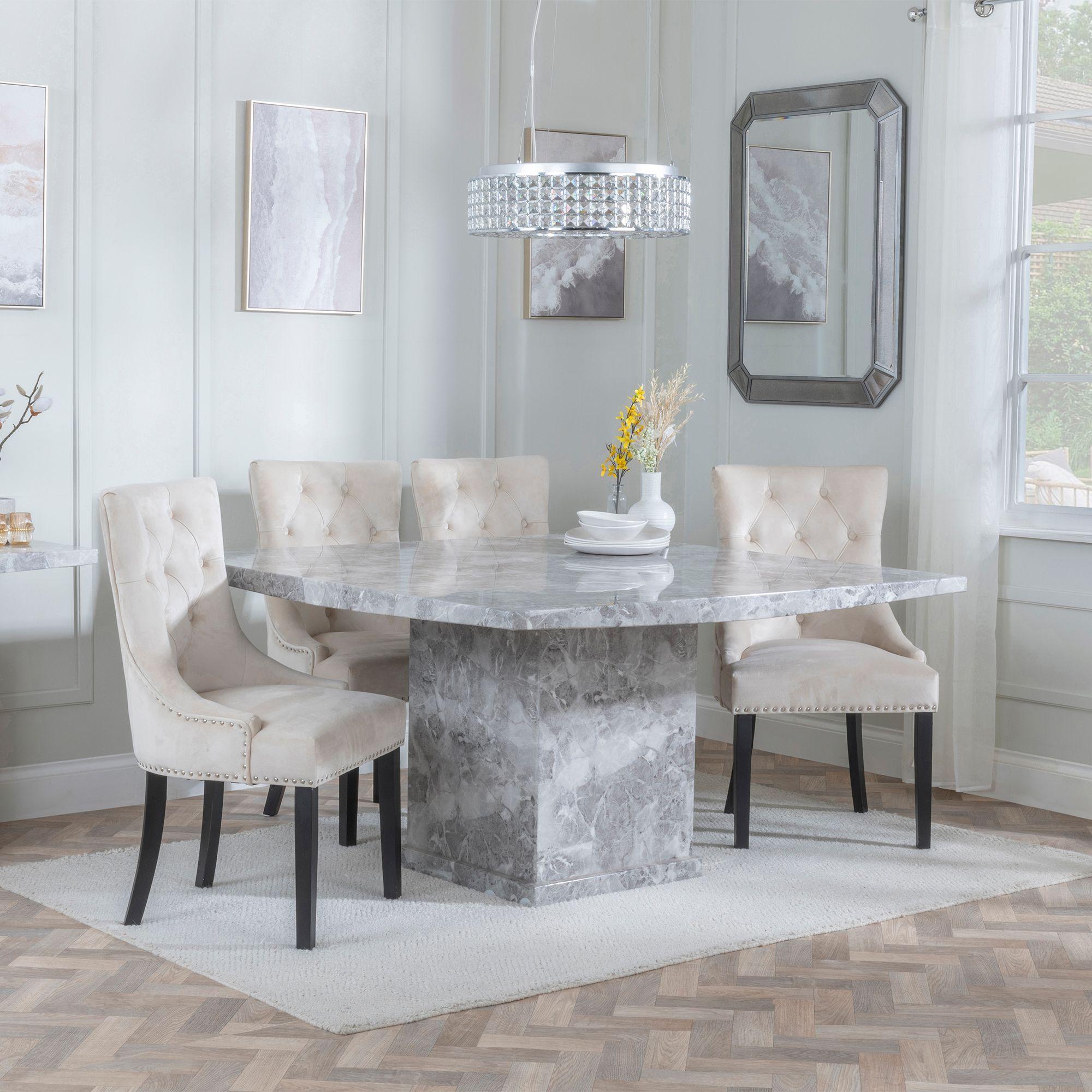 Turin Grey Marble Square Dining Set - Knocker Back Champagne Velvet Fabric Dining Chair with Black Wooden Legs