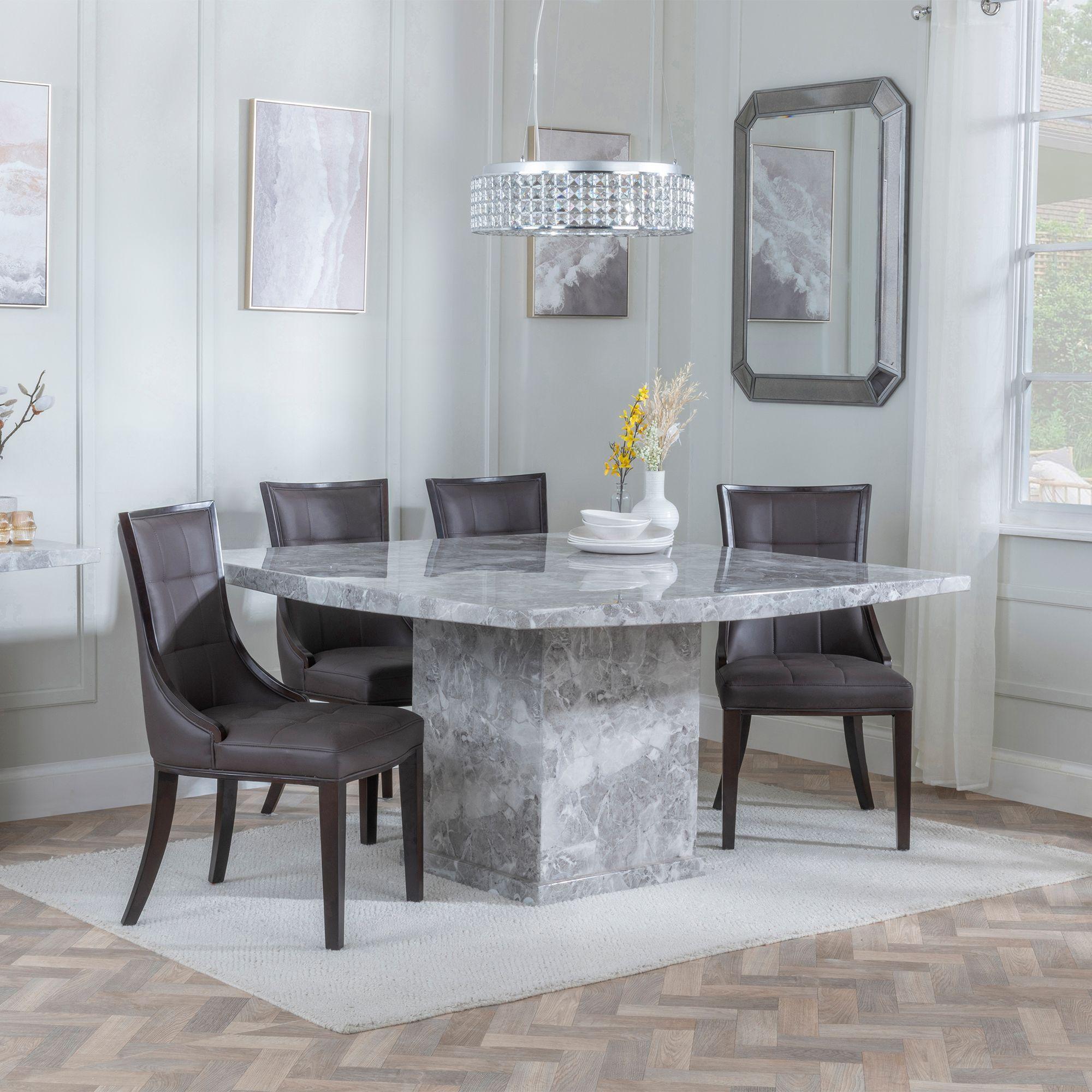 Turin Grey Marble Square Dining Set - Paris Brown Leather Dining Chair with Brown Legs