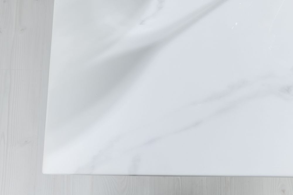 Turin Dining Set - 8 Seater - 140cm - Square - White Marble - Knocker Back Dining Chairs - Black Fabric - Chrome Legs