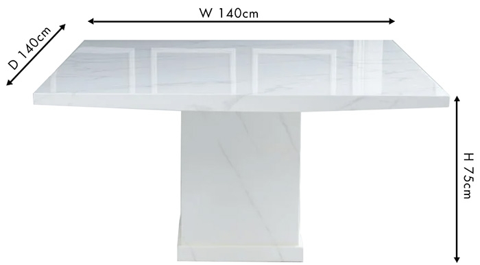 Turin Dining Set - 8 Seater - 140cm - Square - White Marble - Knocker Back Dining Chairs - Black Fabric - Chrome Legs