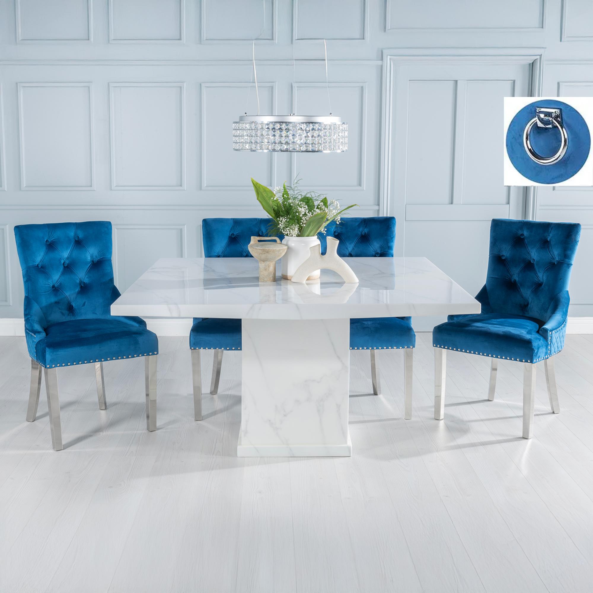 Turin White Marble Square Dining Set - Blue Fabric Knocker Back Dining Chair with Chrome Legs