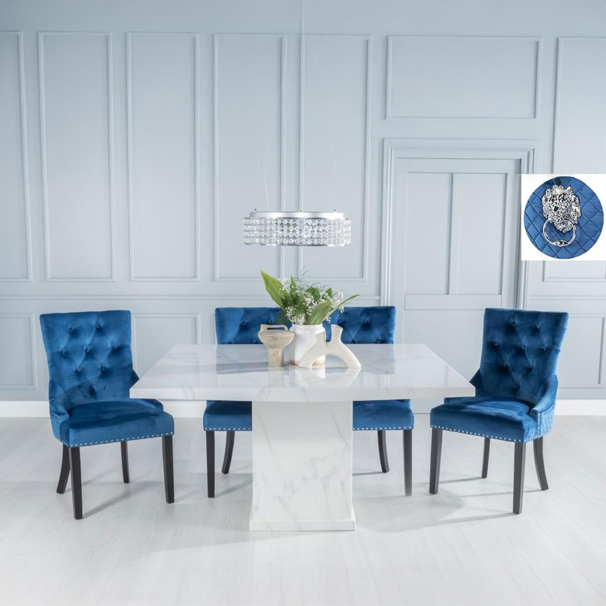 Turin White Marble Square Dining Set - Blue Fabric Lion Head Ring Back Dining Chair with Black Legs