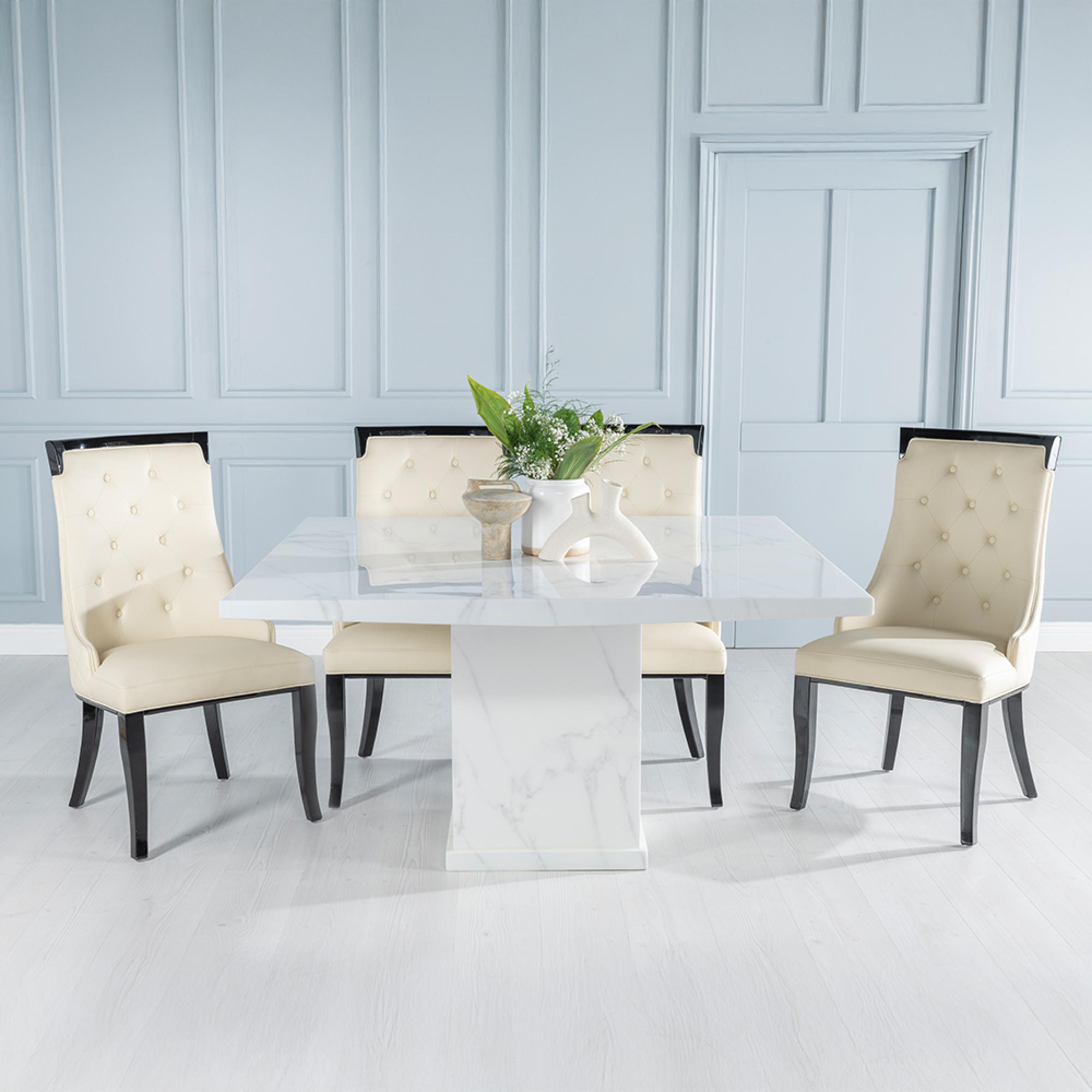 Turin White Marble Square Dining Set - Carmela Cream Faux Leather Chair