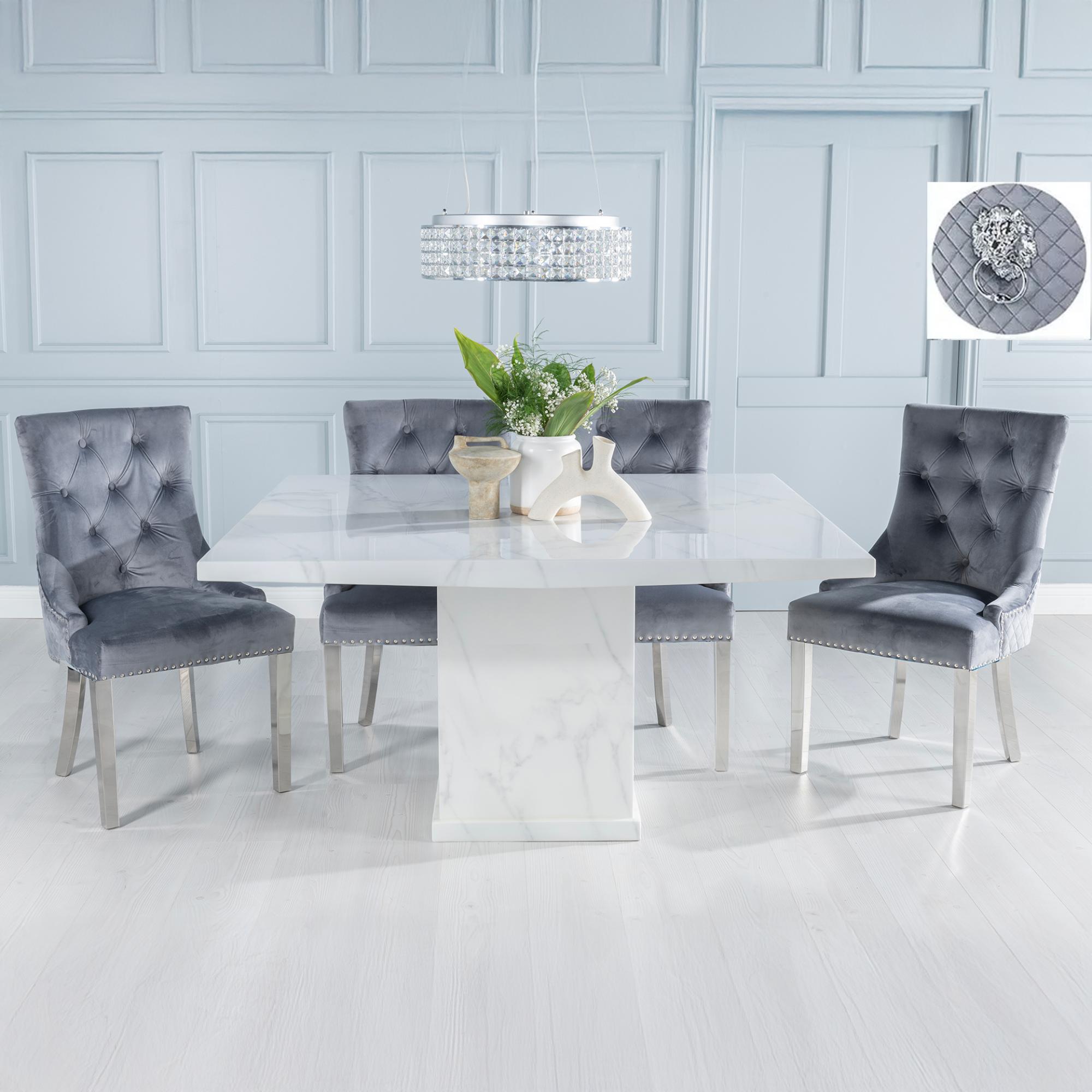 Turin White Marble Square Dining Set - Grey Fabric Lion Head Ring Back Dining Chair with Chrome Legs